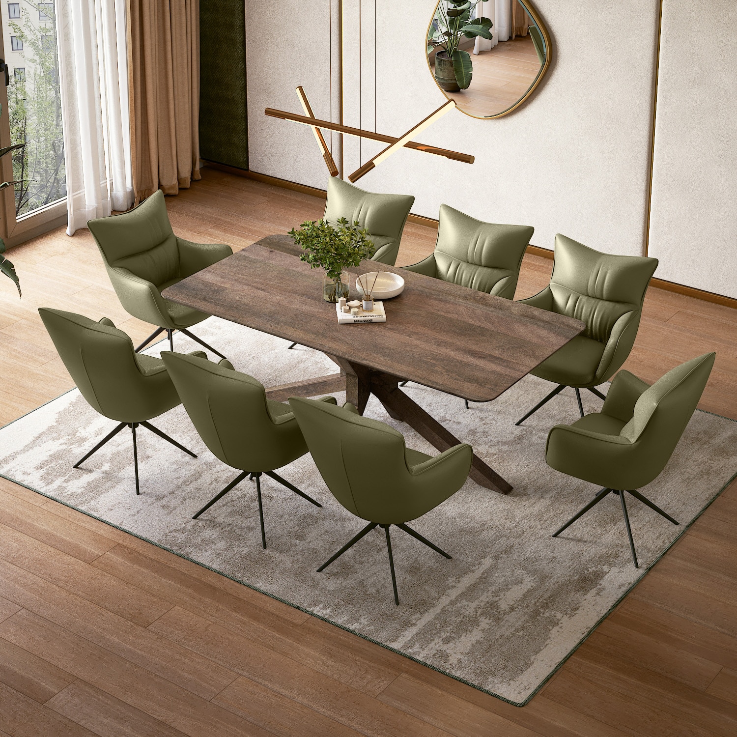 Anderson Solid Wood 8-Seater Dining Table With 8 Beck Dining Chairs (Finish : Danish Walnut, Chair Colour : Olive Leatherette)