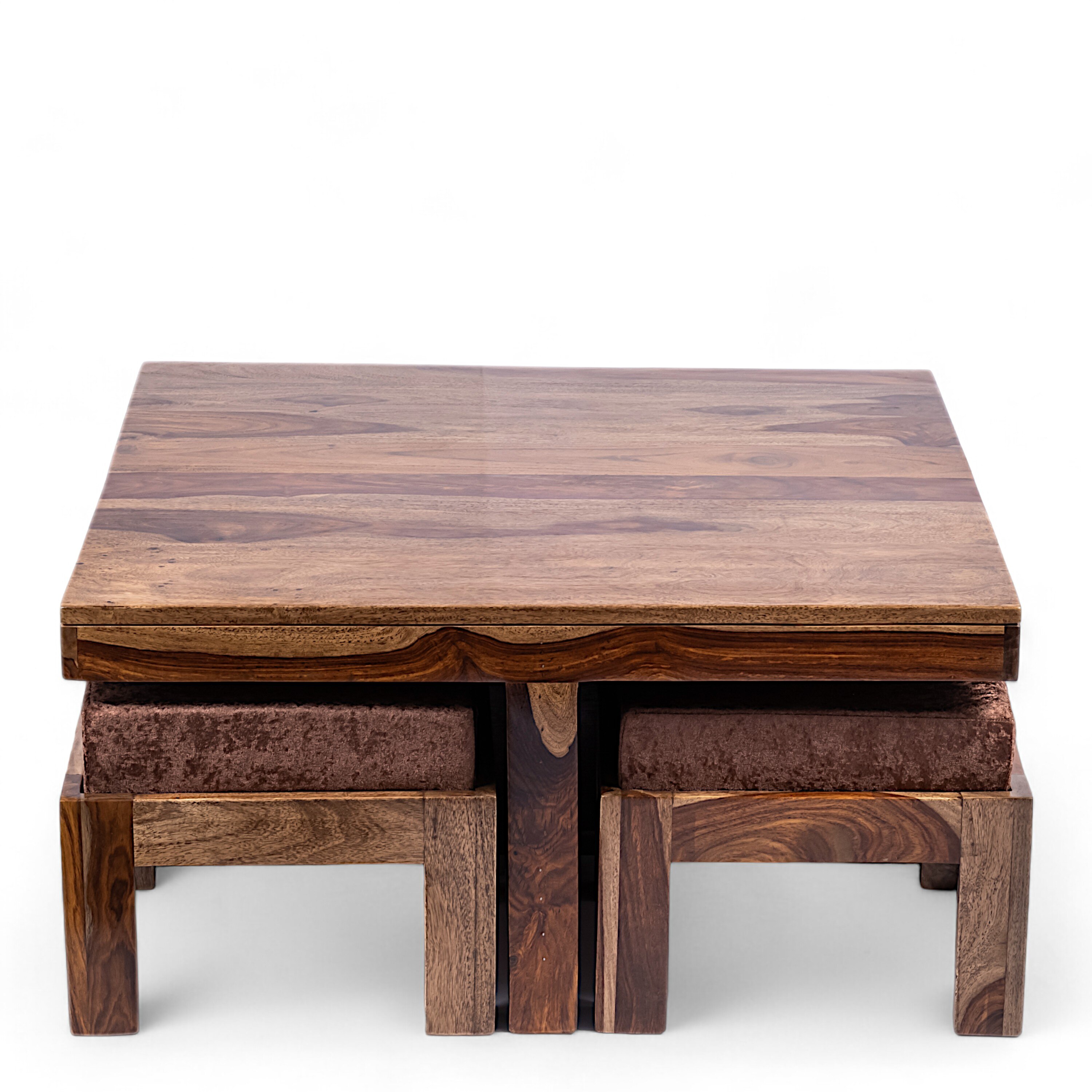 Blane Sheesham Wood 4 Seater Coffee Table Set In Teak Finish Brown Sparkle Velvet Cushion