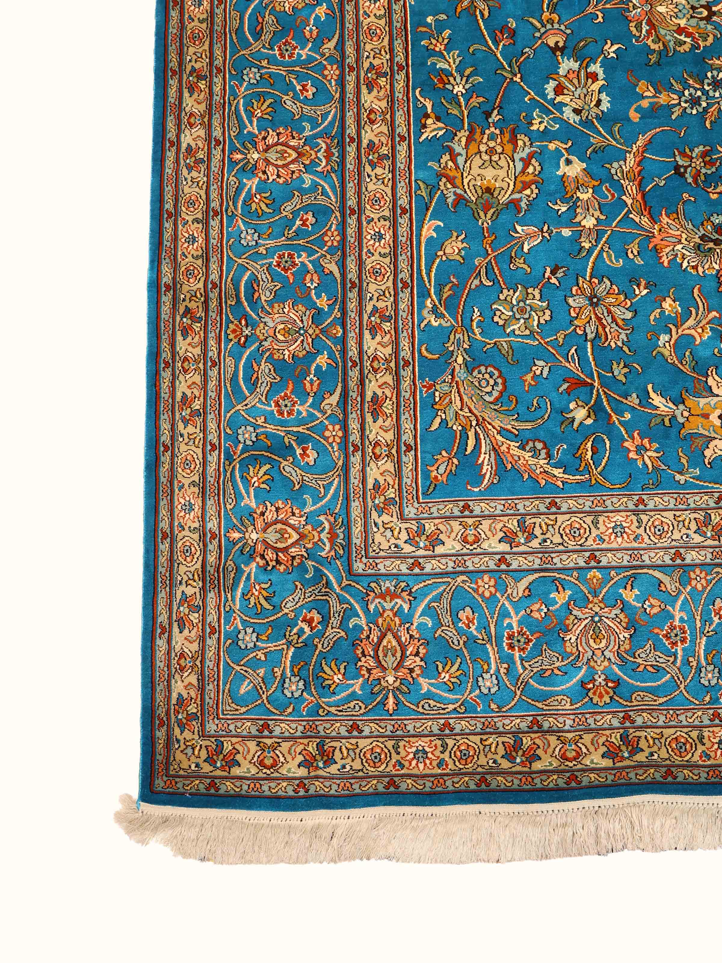 Traditional Persian Azure Cream Medallion Kashmir Silk Hand-Knotted Carpet