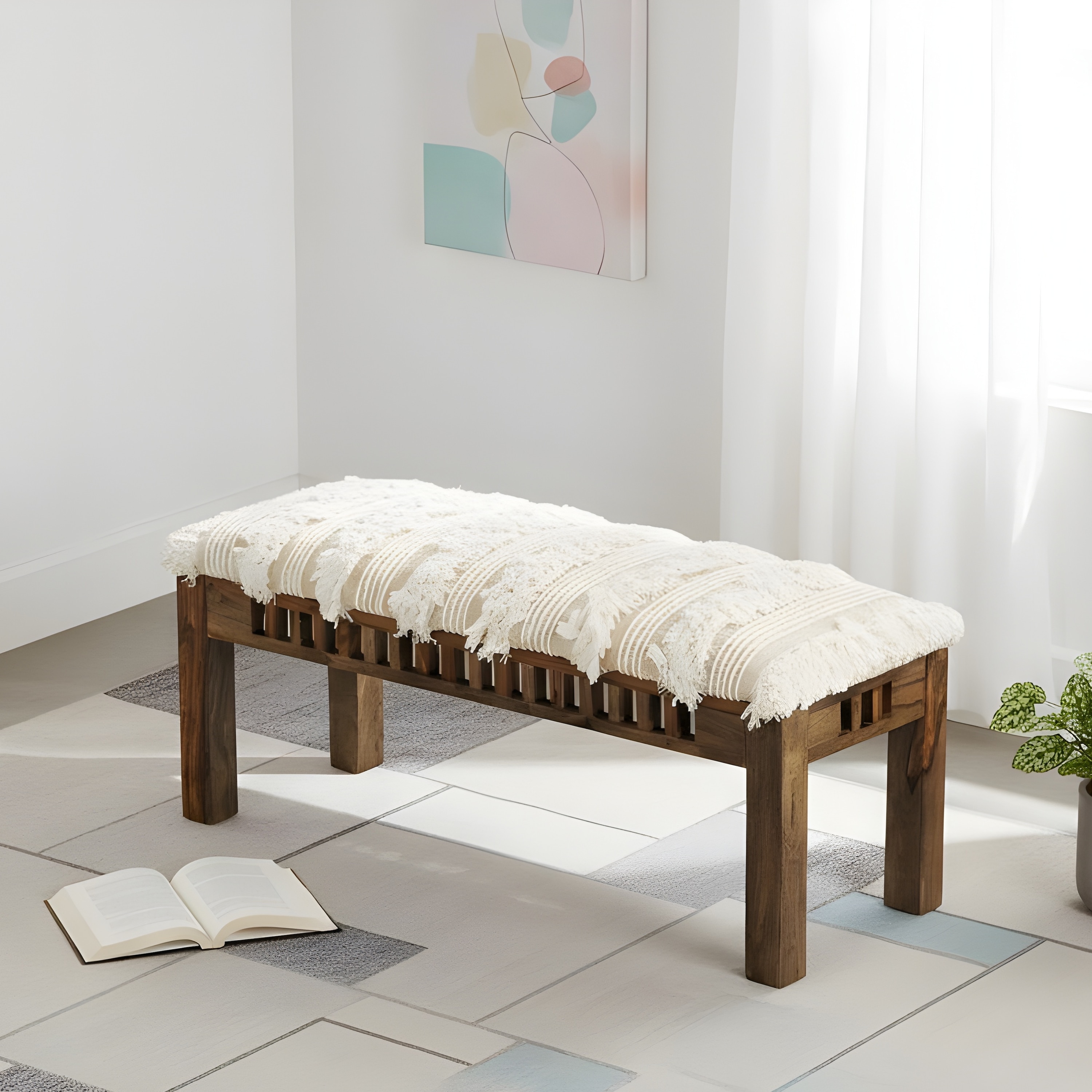 Milford Sheesham Wood Mid Century 3 Seater Bench In Beige Fabric