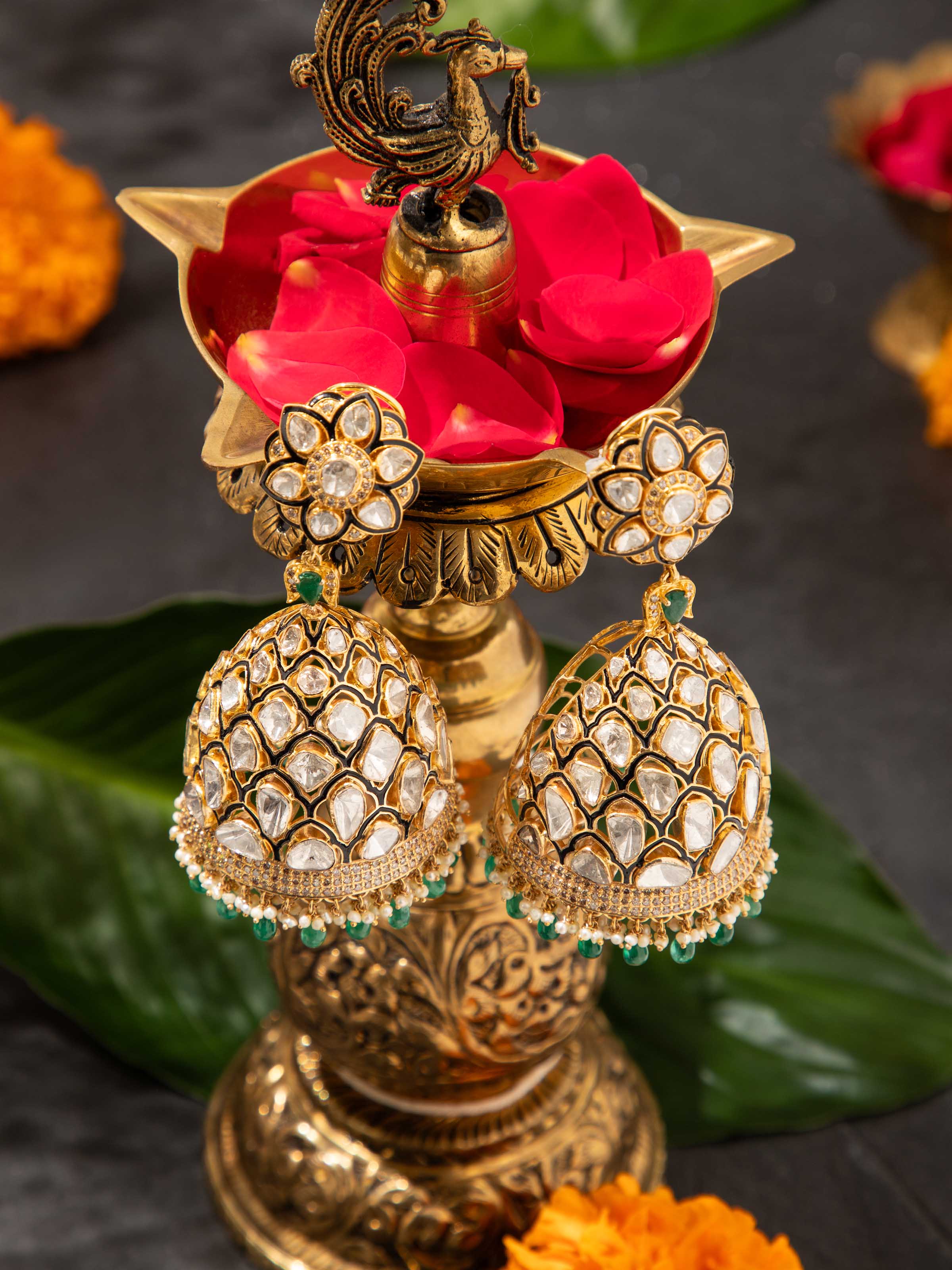 Dank Polki 14 Karat Gold Jhumkas