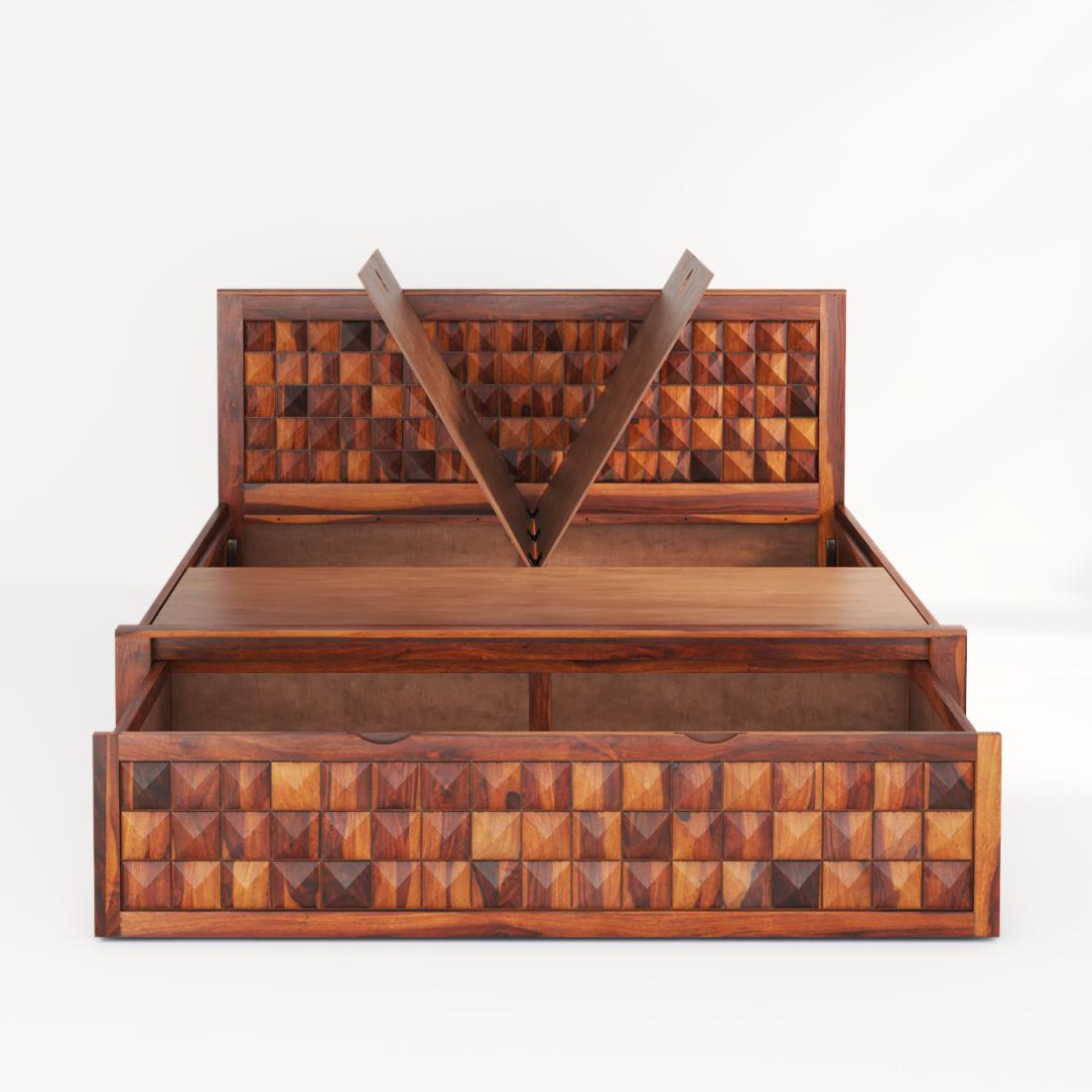 Keaton Solid Wood King Size Drawer And Box Storage Bed In Brown Finish