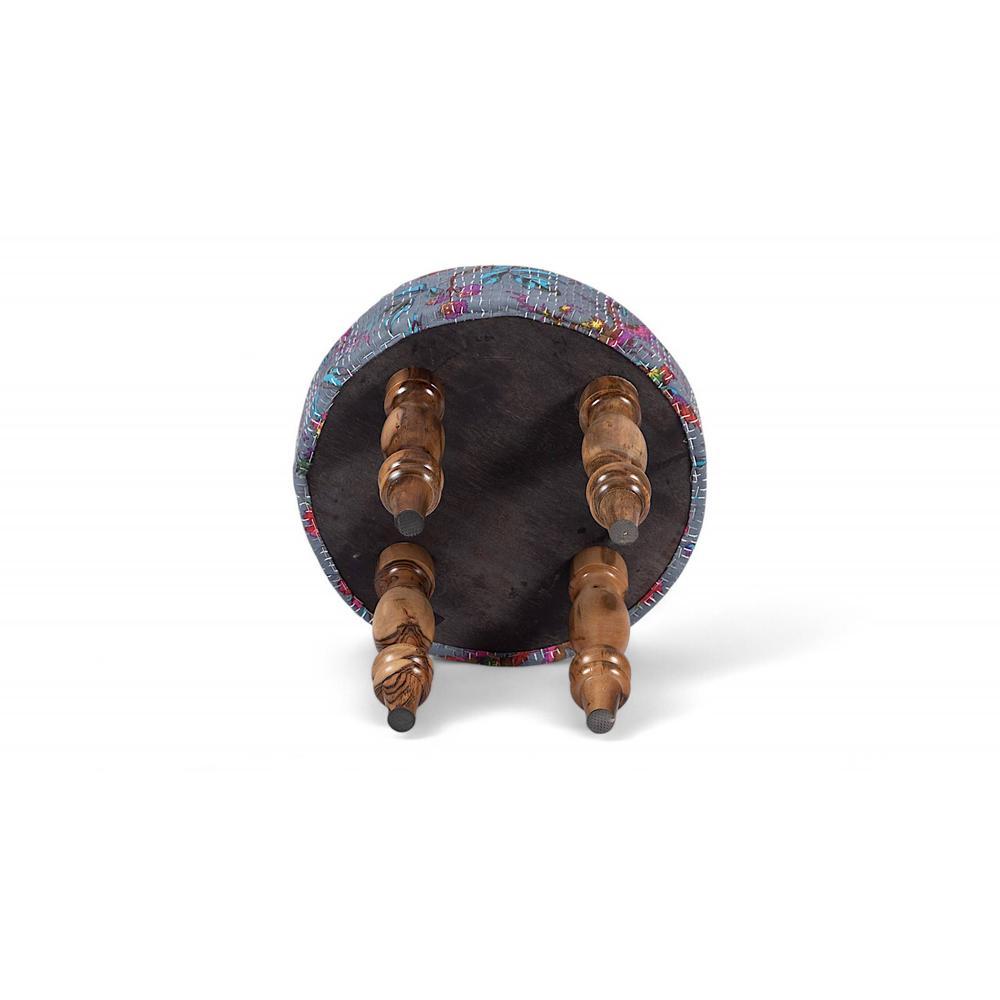 Roswell Sheesham Wood Mid Century Round Stool in Grey Brid Print Kantha Upholstery