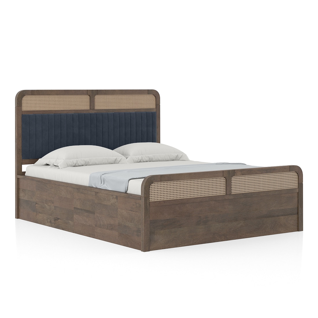 Hanoi Solid Wood Cane Queen Size Hydraulic Storage Bed In Danish Walnut Finish with Davos Plus Colour