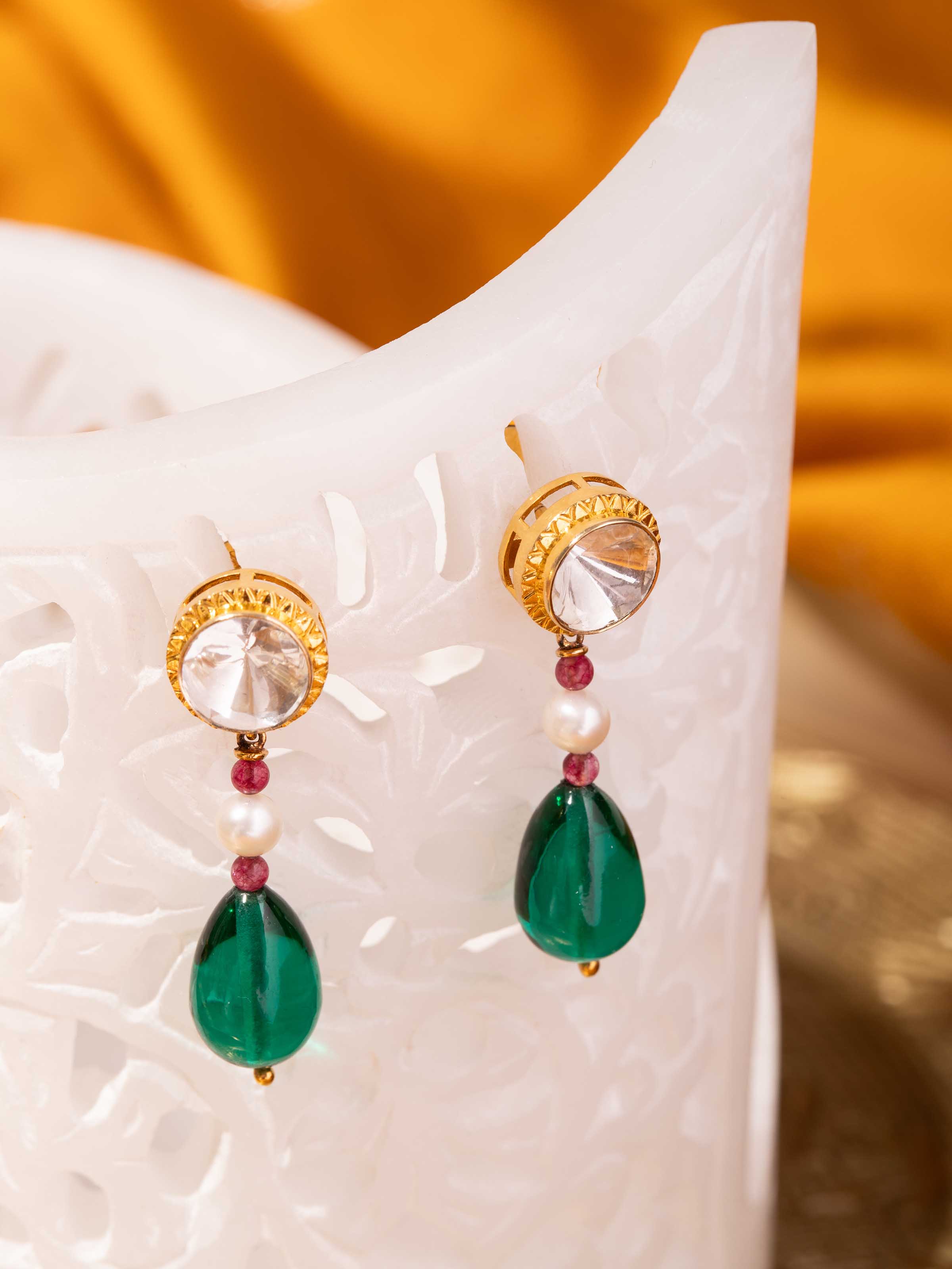 Alternate lifestyle view showing shimmer and graceful drop of gold and Polki blend.