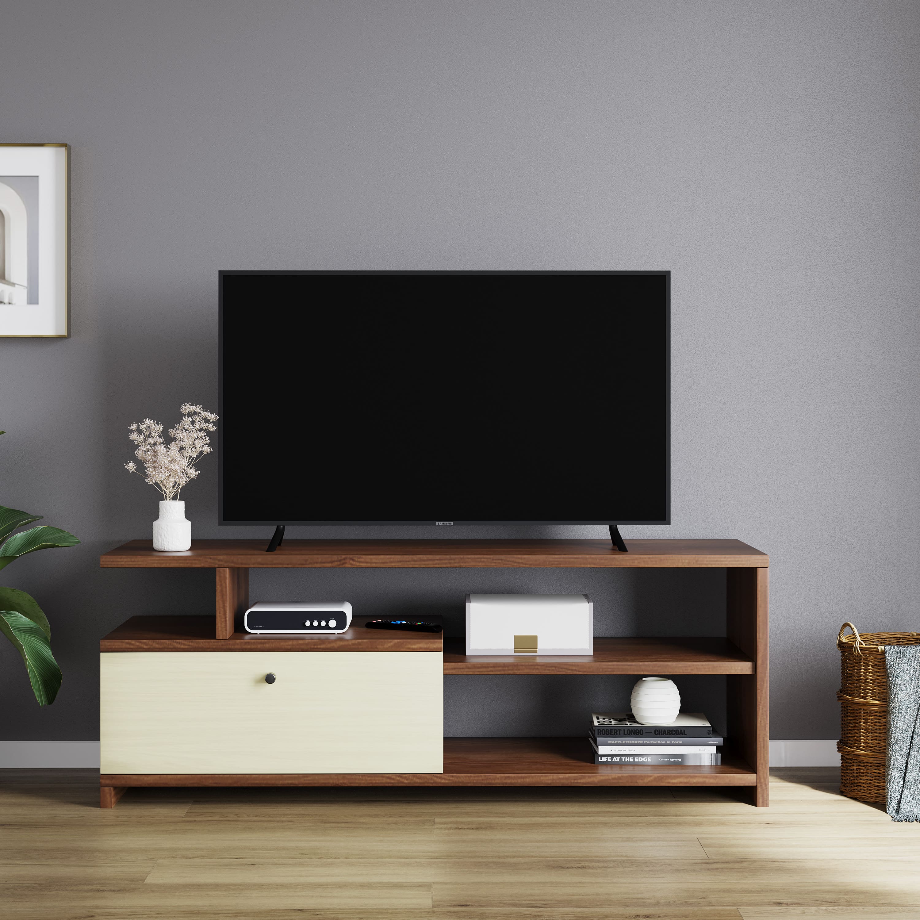DCanape Naomi Engineering Wood TV Unit Dark Acacia Light Acacia Finish