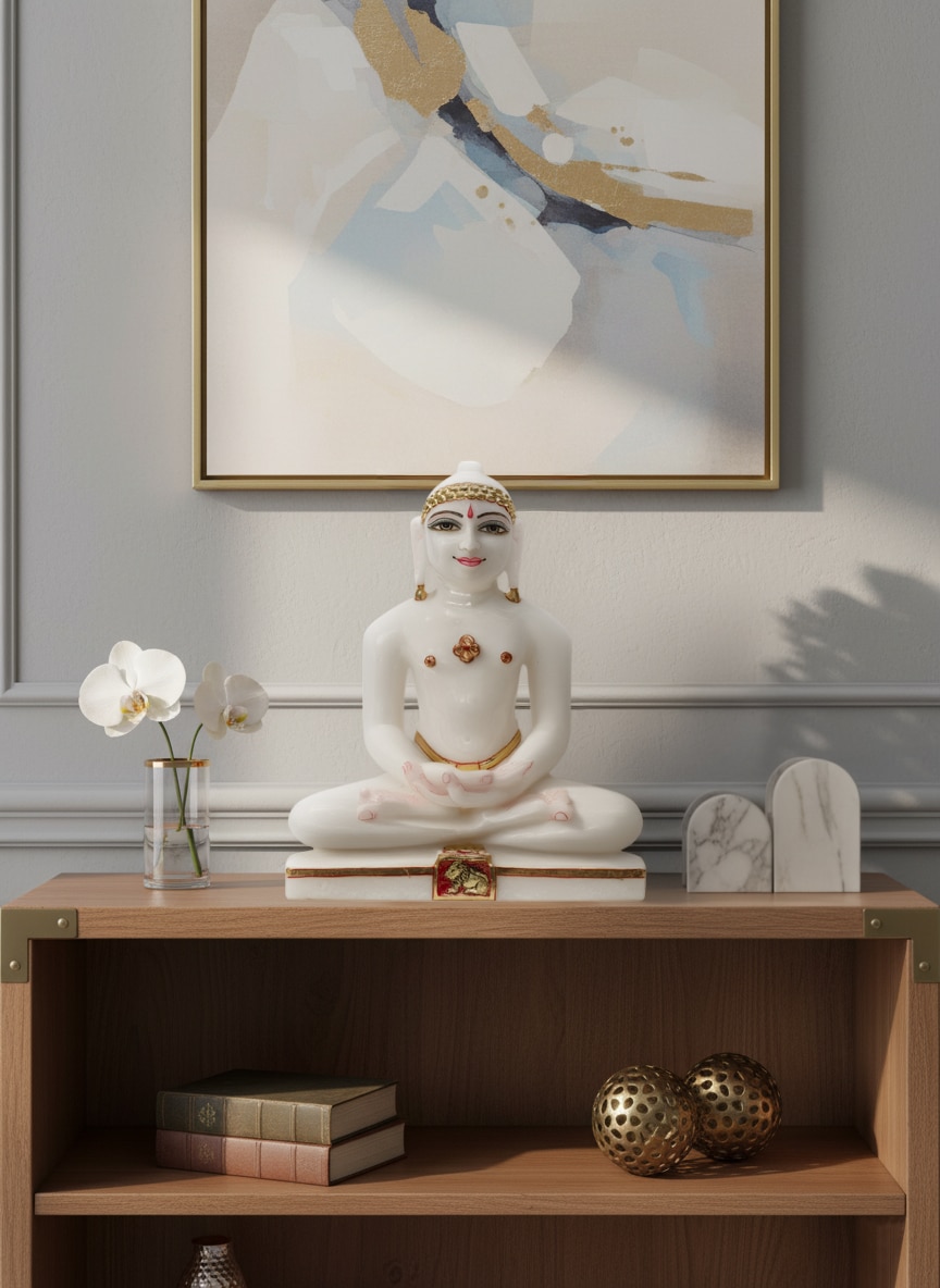 Front view of Carved Marble Mahavir Idol