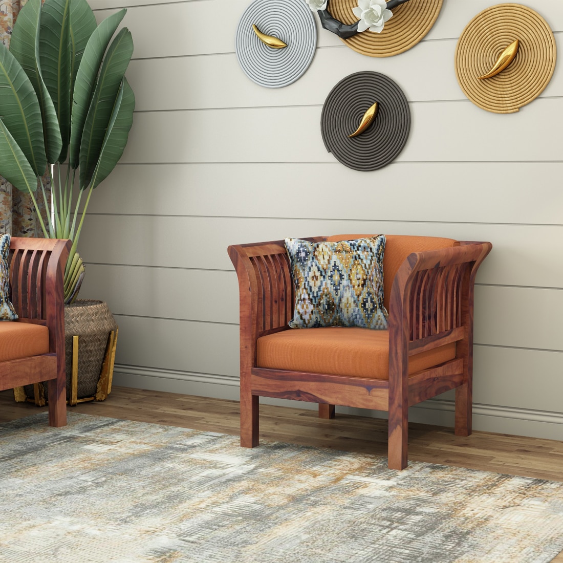 Haveli 1 Seater Wooden Sofa (Orange Colour, Teak Finish)