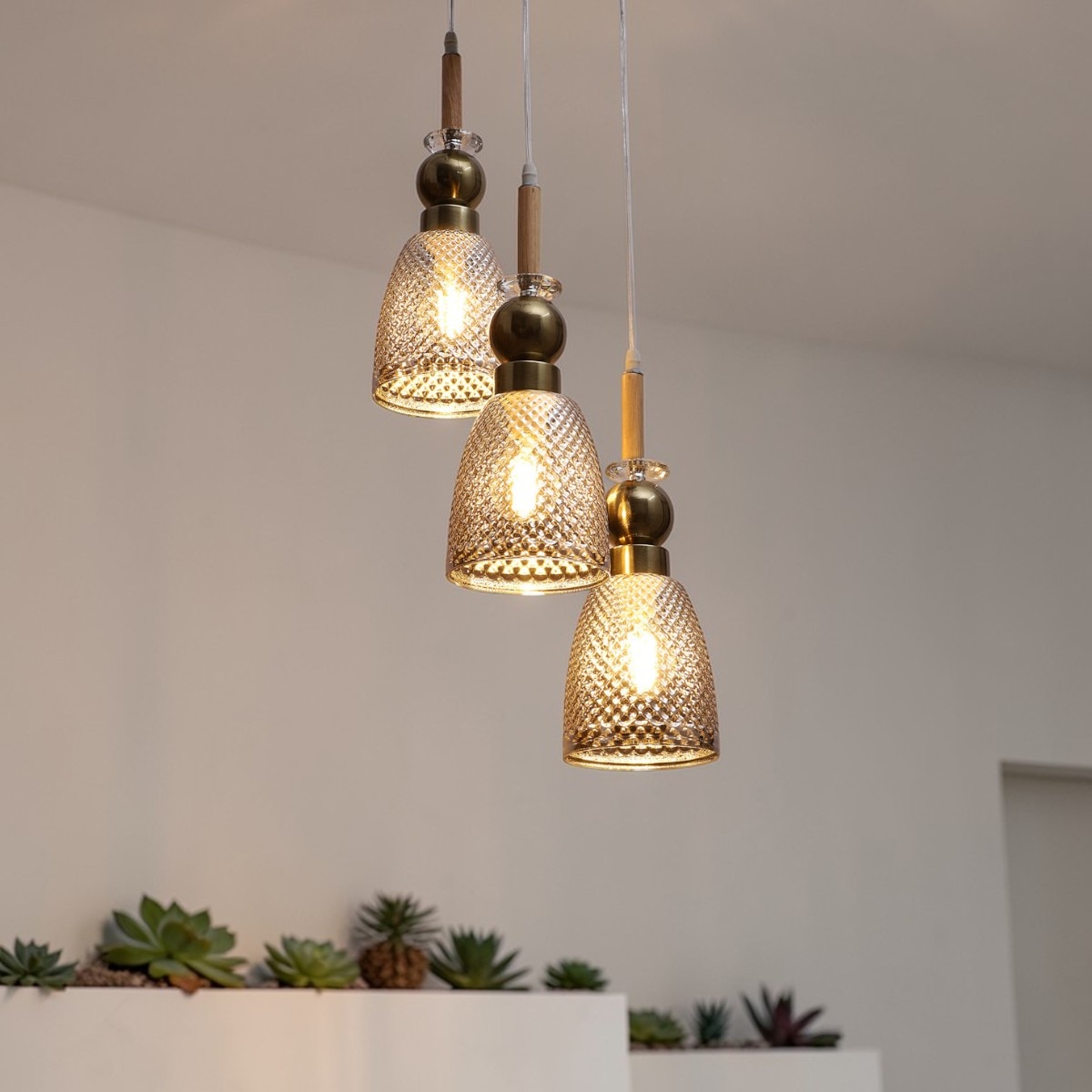 Eliante Cluster Hanging Lights Mild Steel, Wood & Glass Material Antique, Brown & Smoky Black Finish