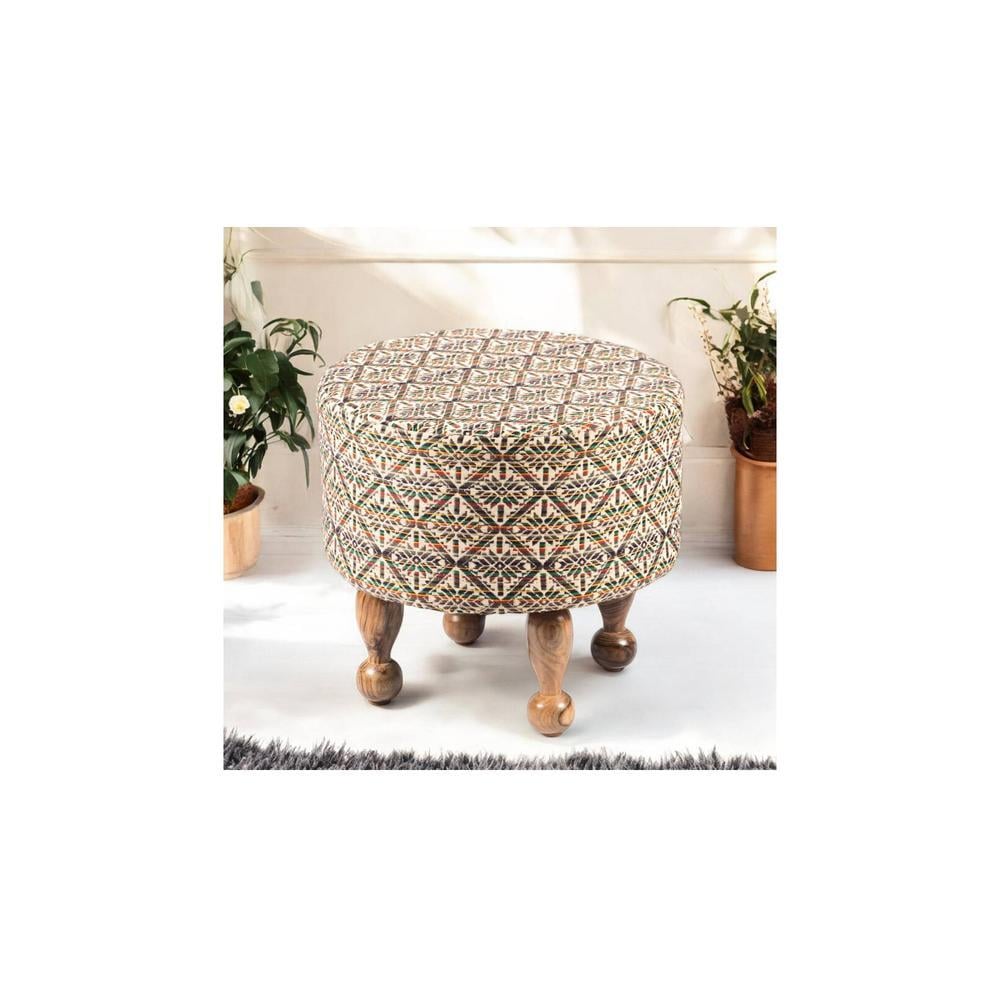 Louisville Acacia Wood Parisian Round Pouf Stool in Multicolour
