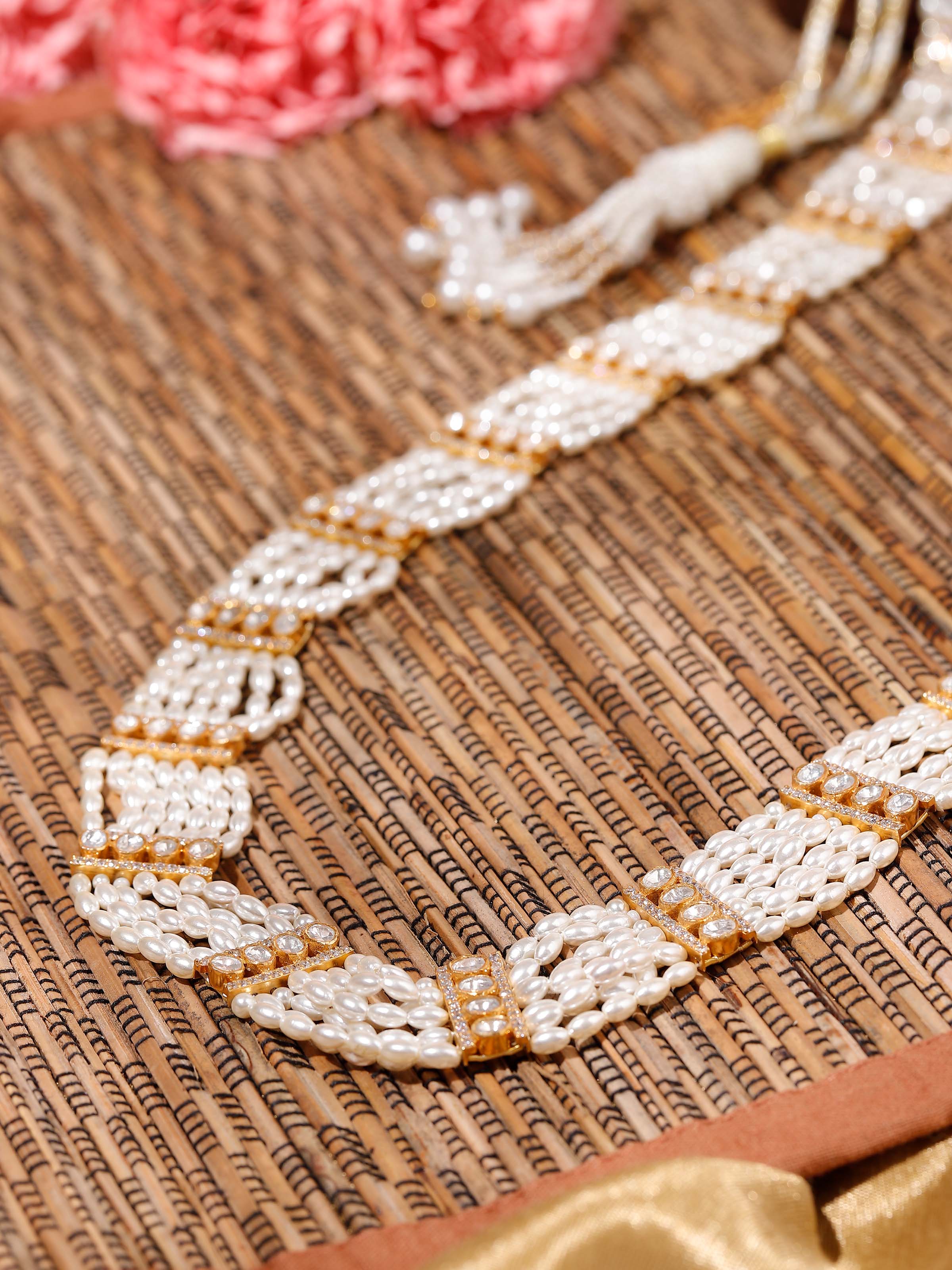 Dank Polki silver long necklace close-up on display – Swadesh