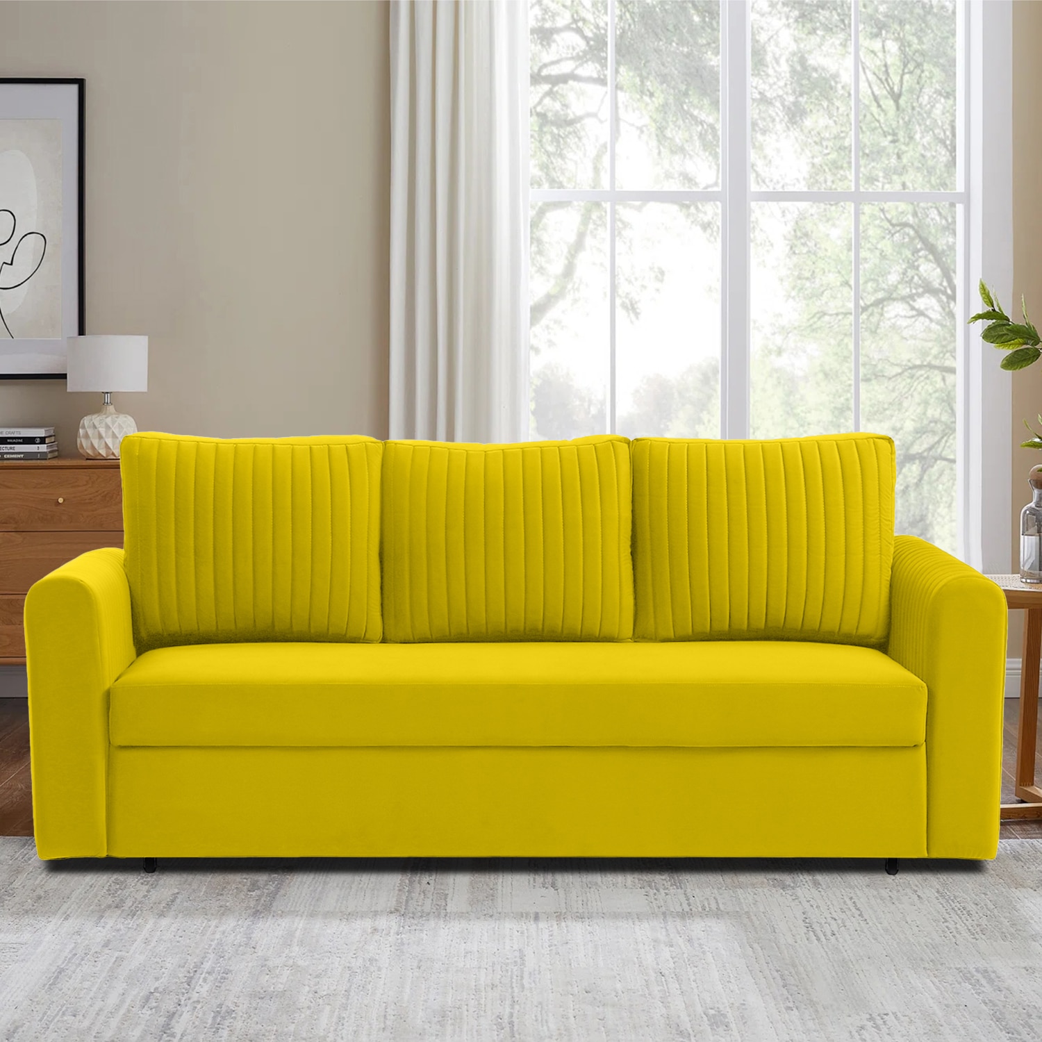Melano 3 Seater Pull Out Sofa cum Bed  in Yellow Colour - Home Lifestylez