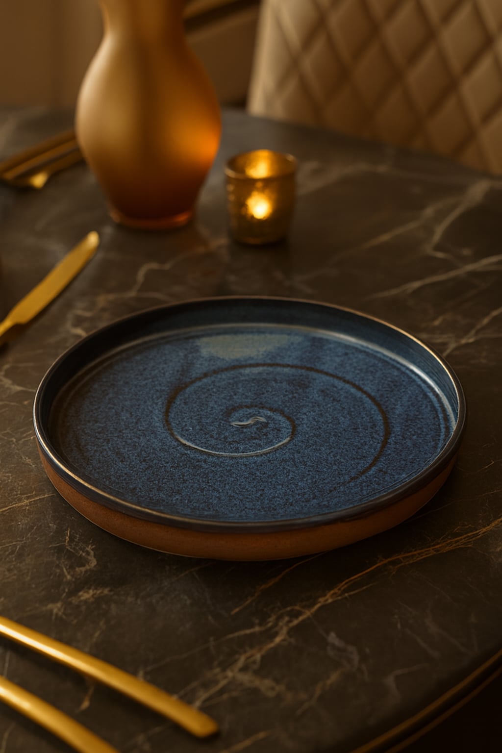 Studio pottery blue ceramic dessert plate with handcrafted glazed finish