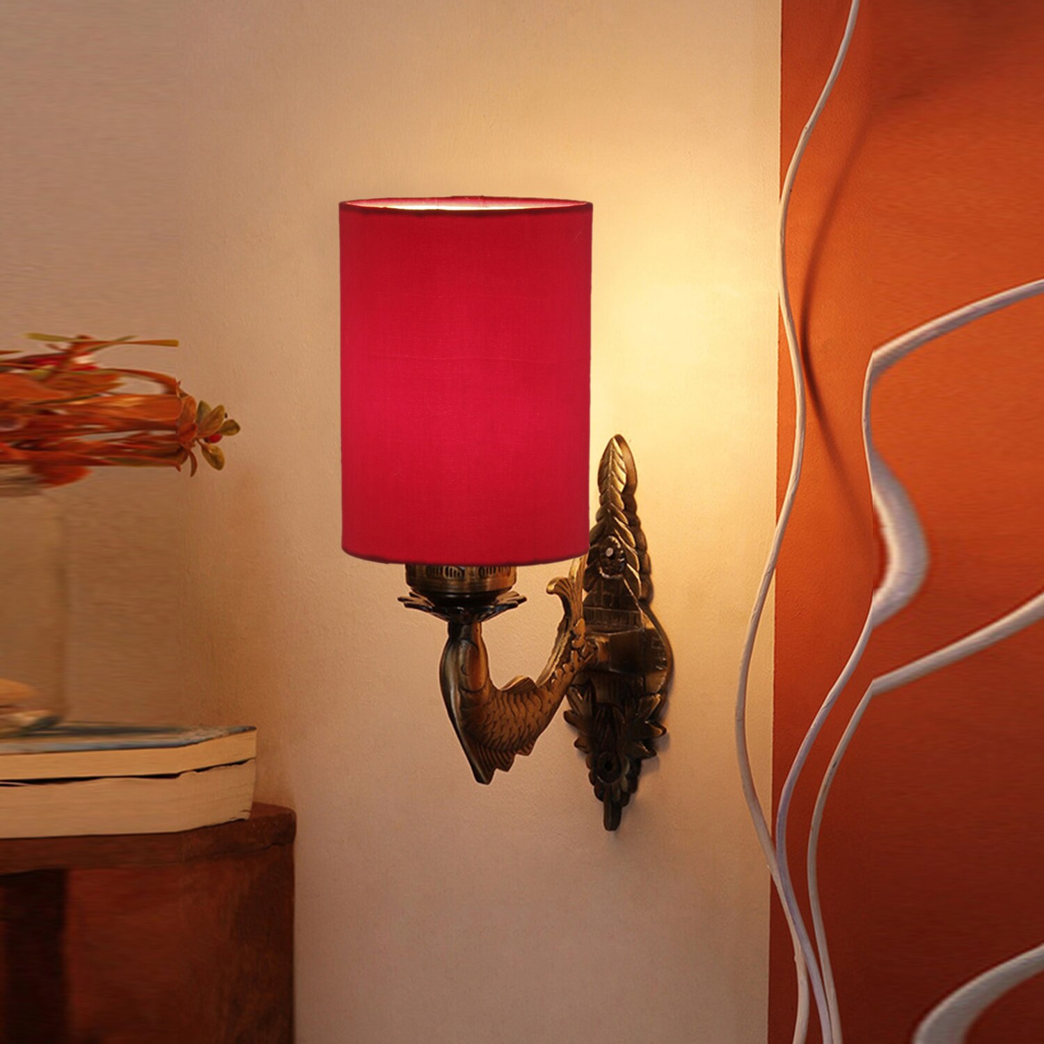 Devansh Metal Electric Wall Light in Antique Gold Colour with Red Shade Count of 1 Light - Devansh