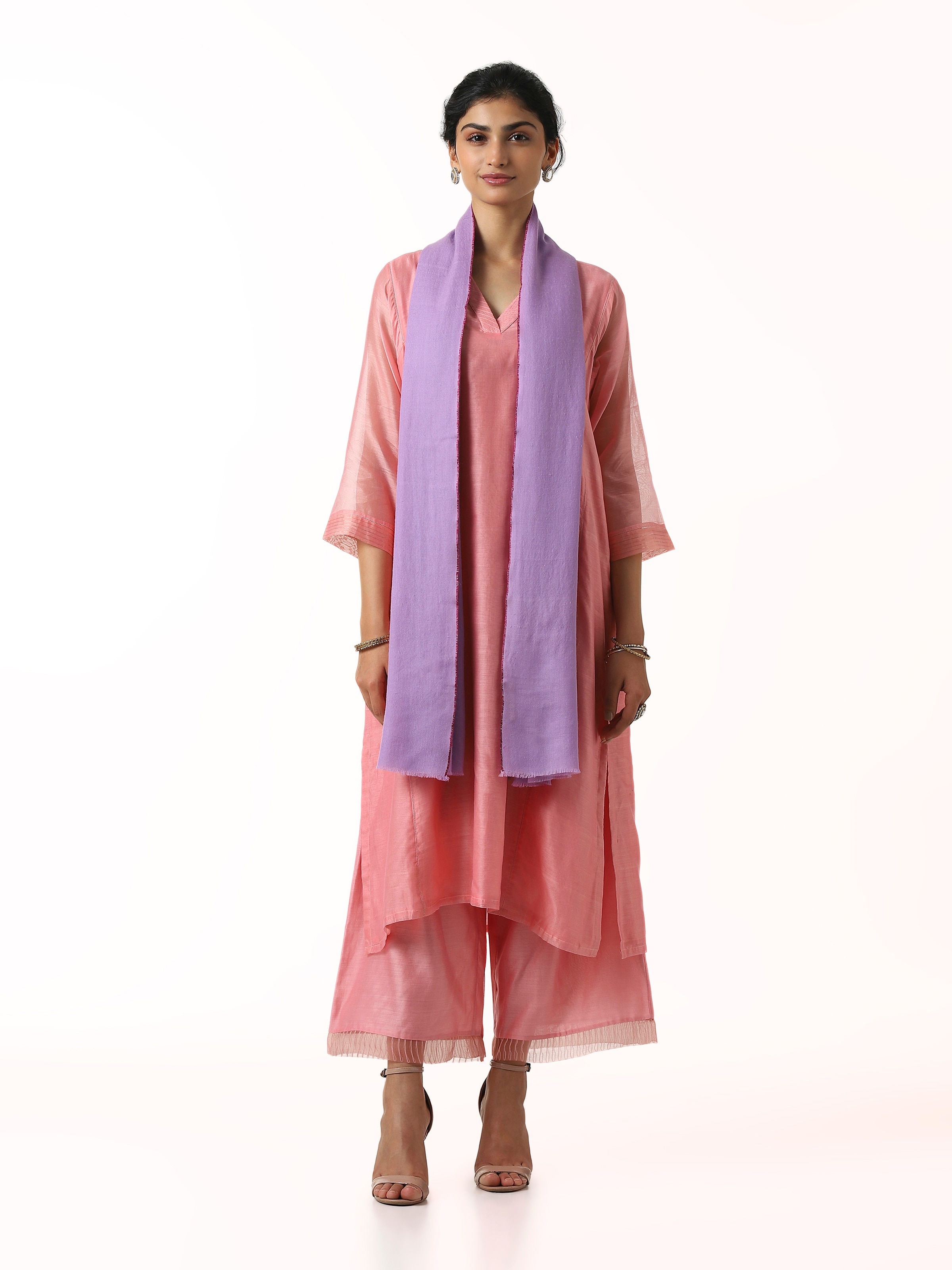 Front view of purple cashmere kaaj embroidered handwoven stole with intricate embroidery