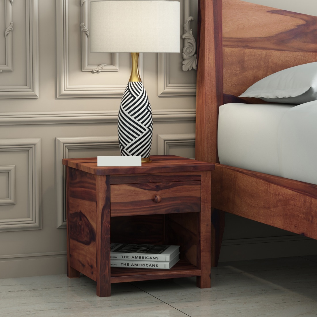 Madhavi Solid Wood Bedside Table in Teak Finish - Woodenmood