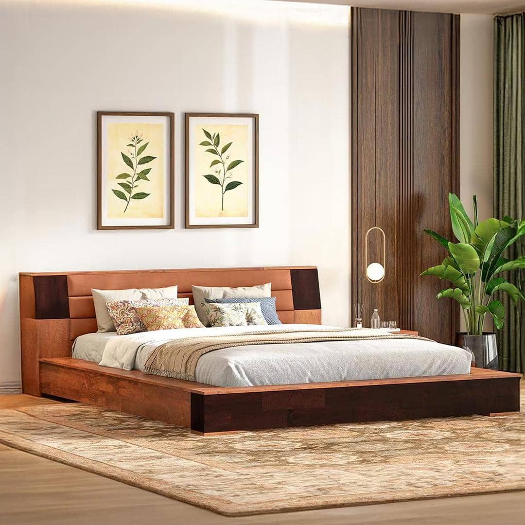 Mahe Solid Wood Queen Size Bed In Dual Tone With Tan Leatherette
