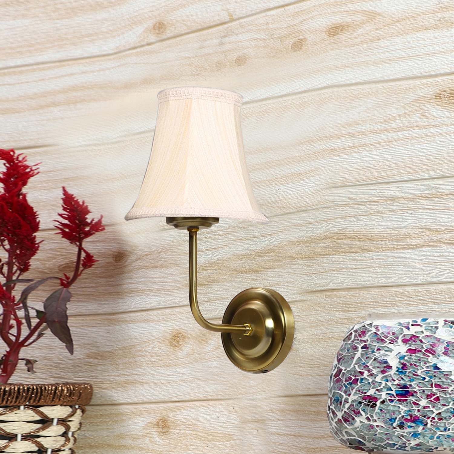 Devansh Gold Wall Mounted Lamp With Off-White Cotton Shade - Devansh