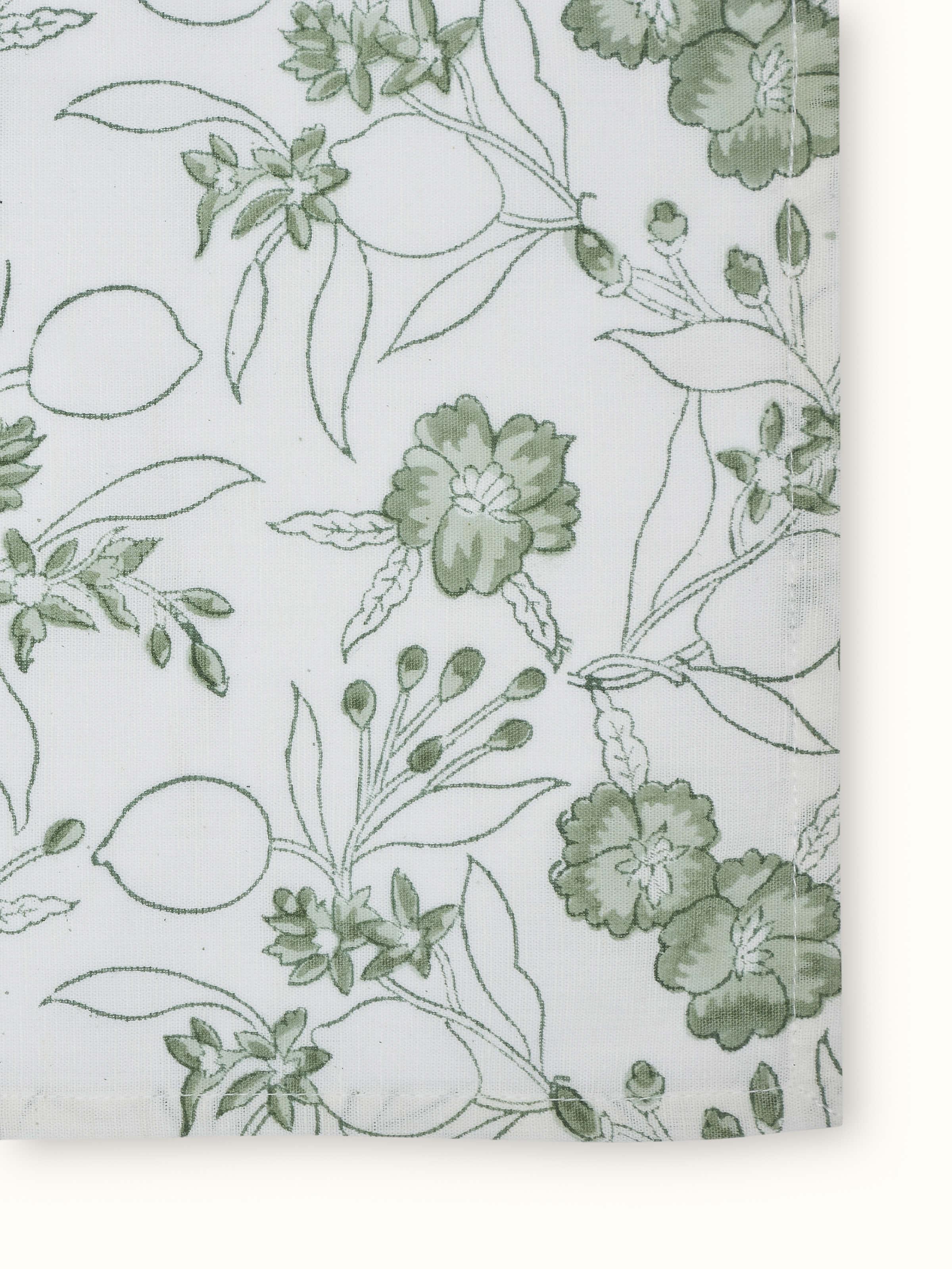 Close-up of the block print pattern and linen weave