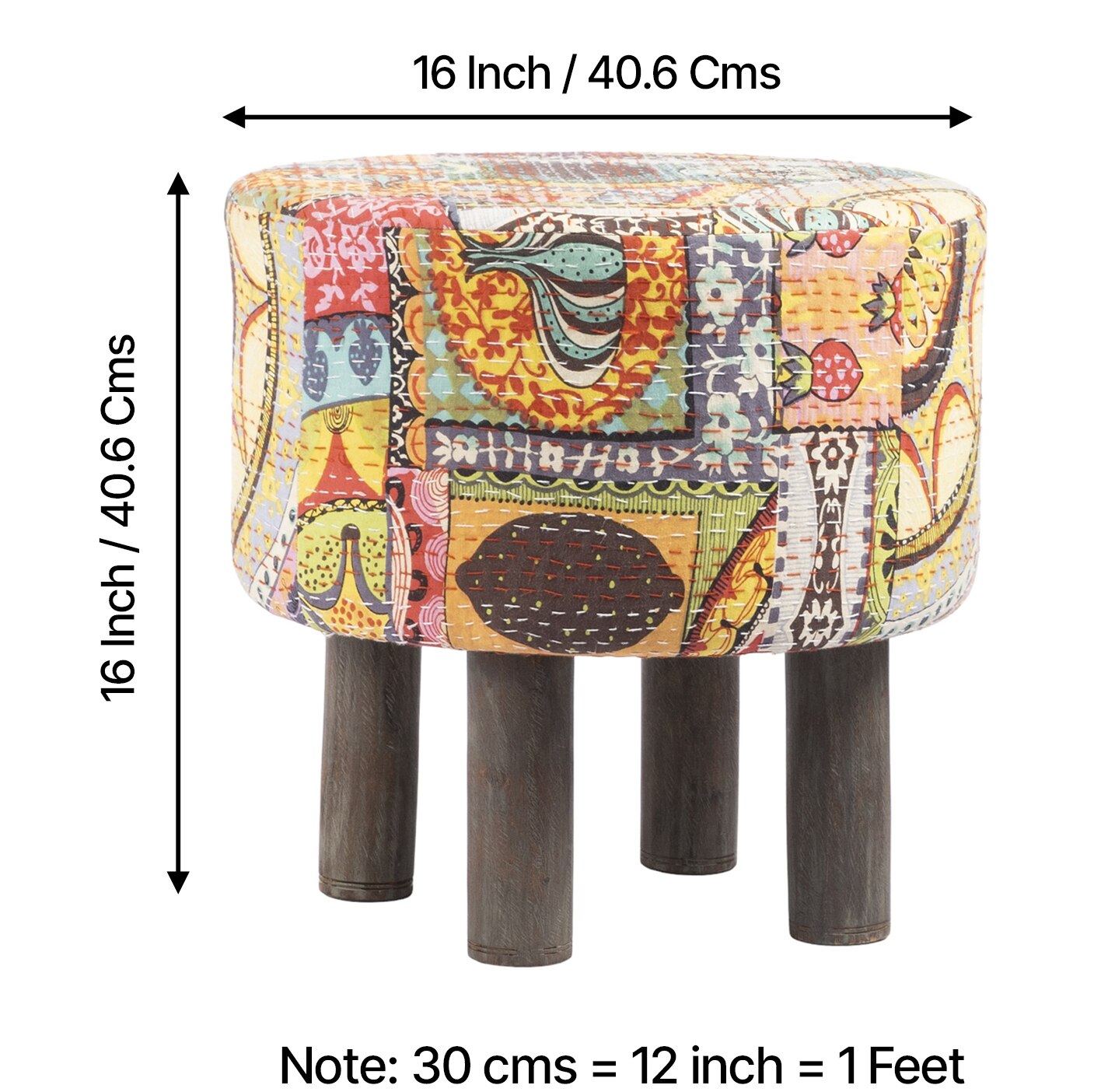 Morgan Solid Wood Pouf Stool in Multicolour Patch Kantha Fabric