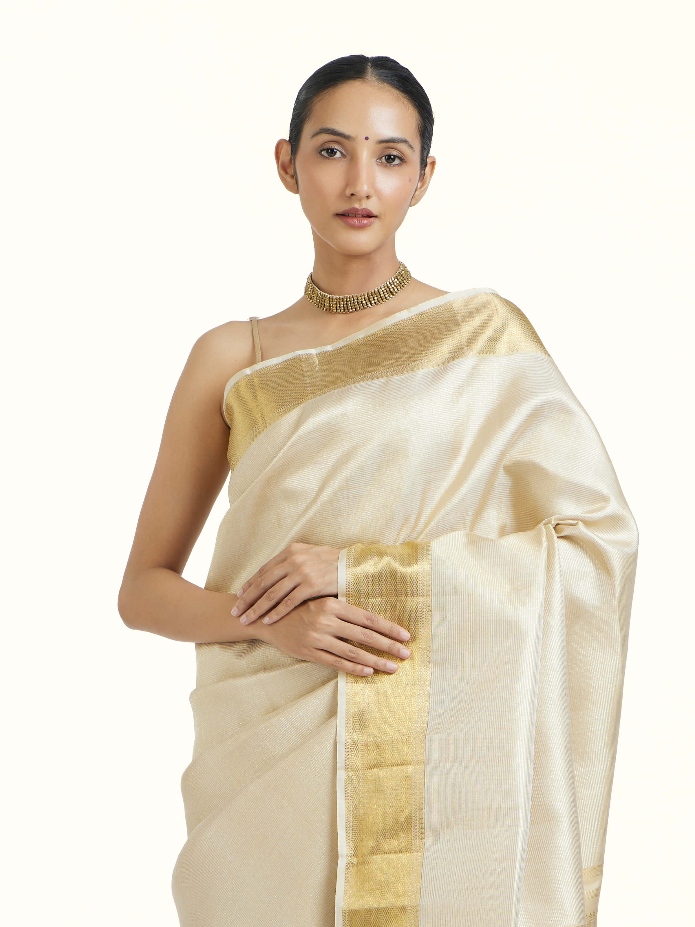 Beige Kancheepuram Silk Zari Saree