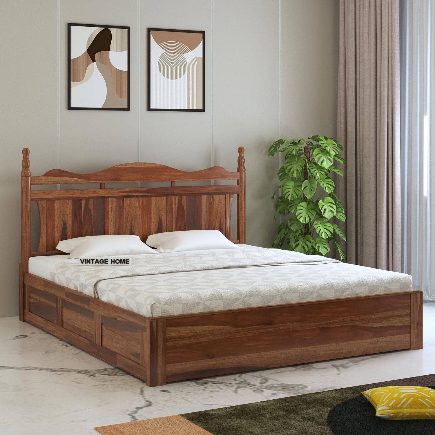 Lavento Sheesham Wood Queen Size Bed With Box Storage In Provincial Teak Finish