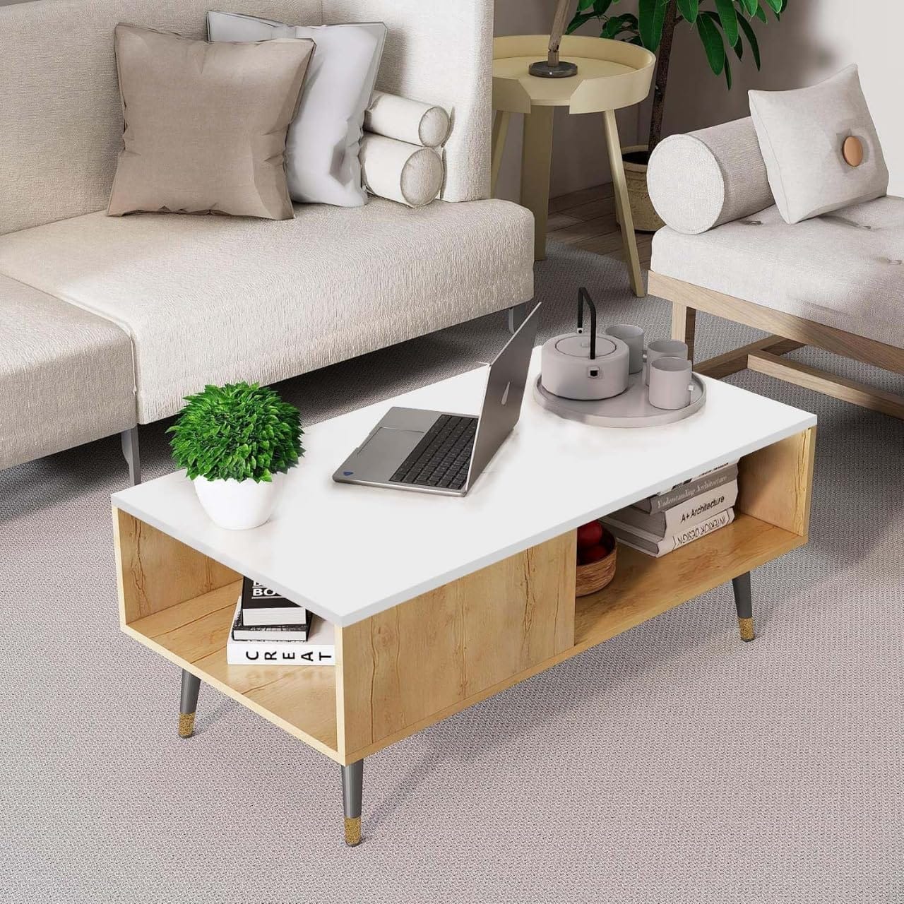 Hexa Engineered Wood Modern Coffee Table With Golden Metal Legs In Giant Wood And Frosty White - HexaRed