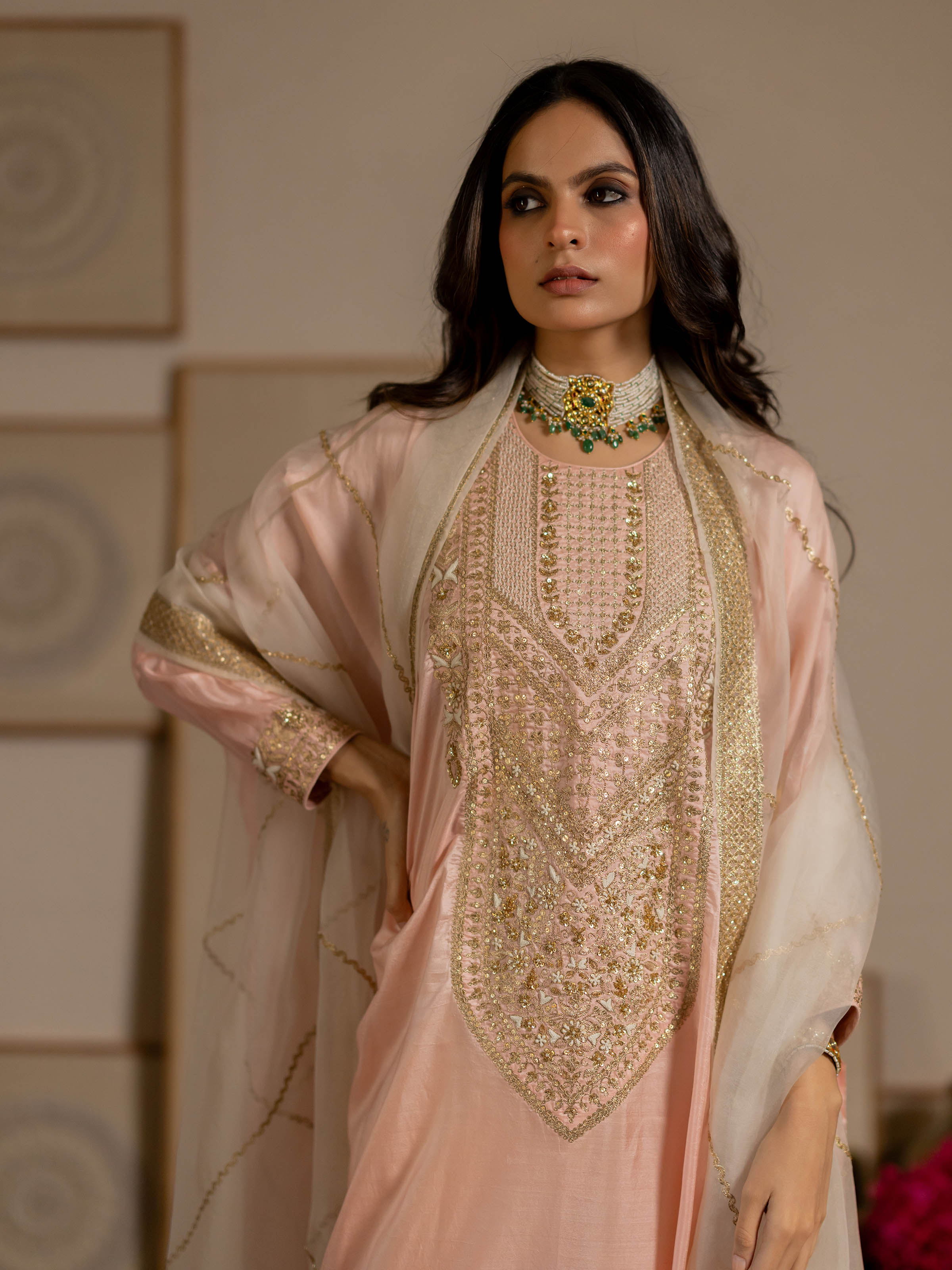 Angled view of the Blush Pink Silk Hand Embroidered Bandhani Kurta Set (2 Pcs)