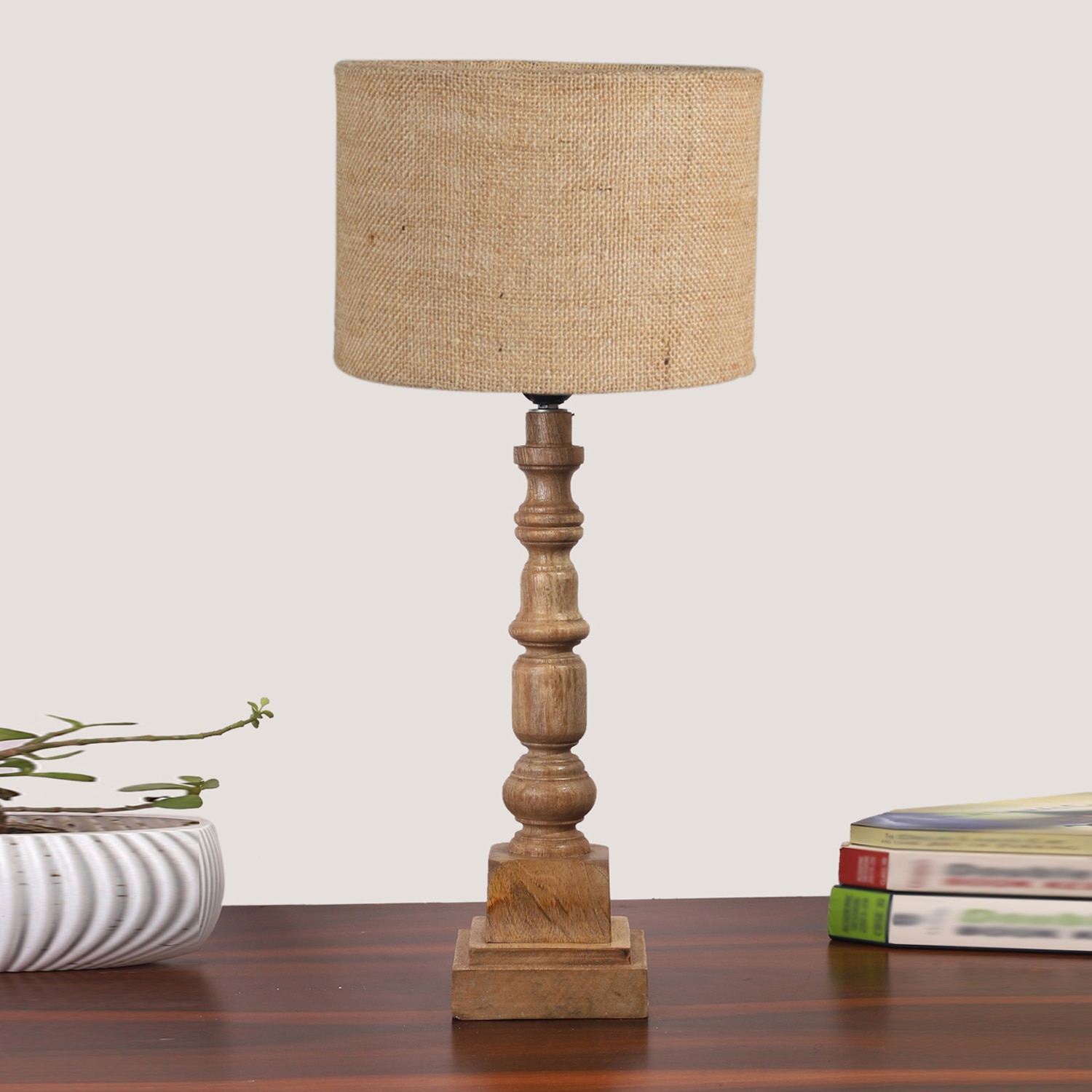 Devansh Beige Jute Table Lamp With  Wood Natural Base (7X7X21.25 Inches)-9 - Devansh