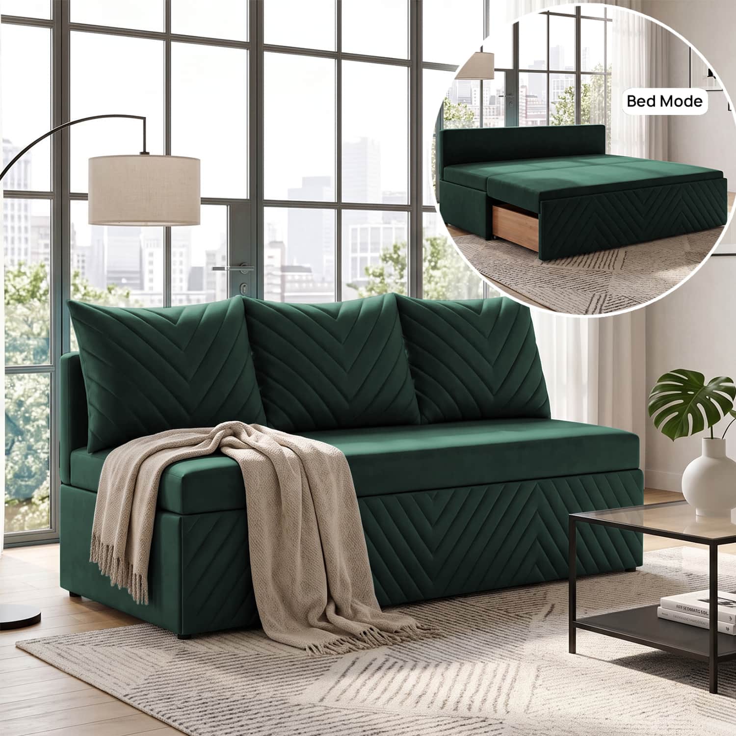 Marteen 3 Seater Velvet Pull Out Sofa Cum Bed in Green Color With Storage