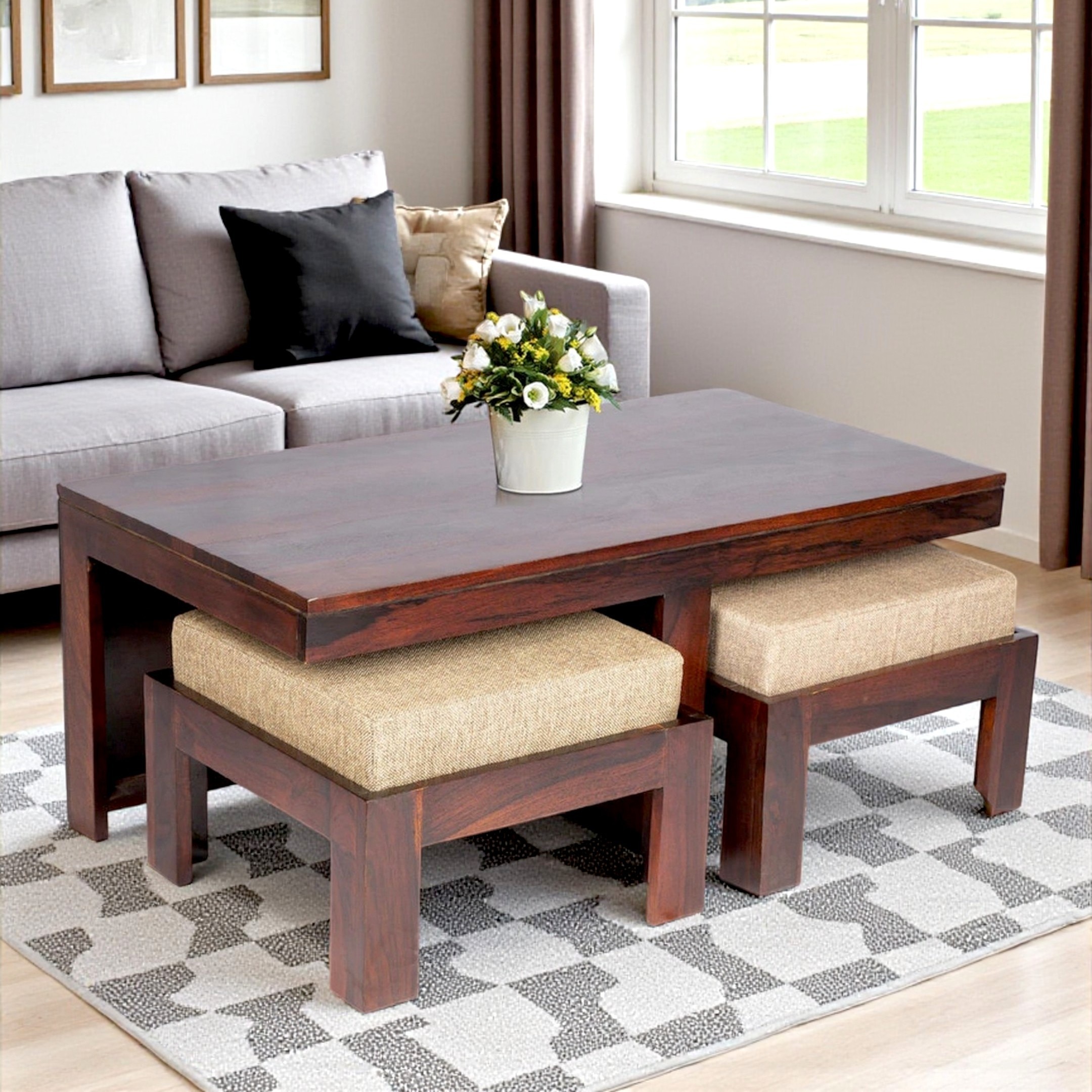 Irish Sheesham Wood 2 Seater Coffee Table Set In Walnut Finish