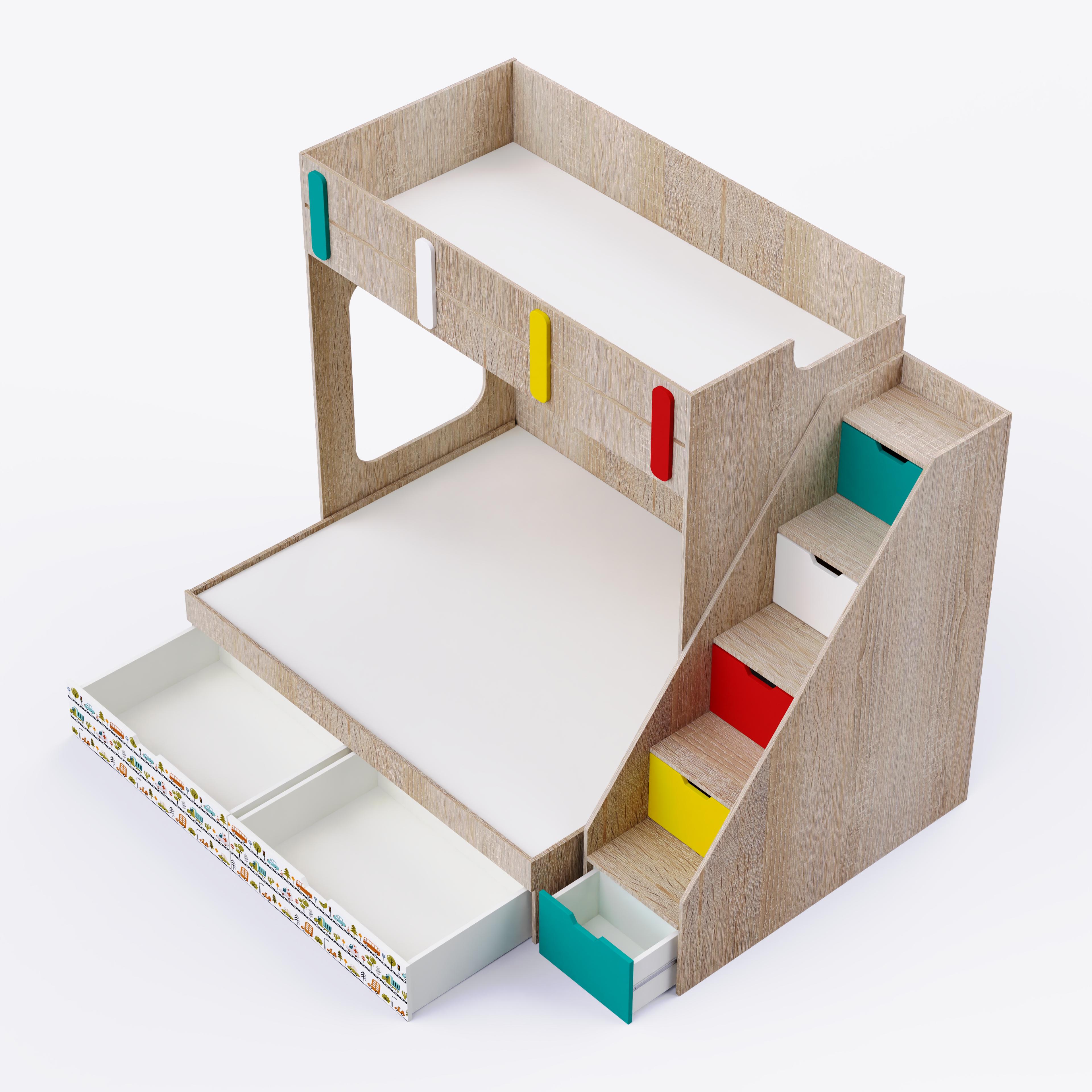 Pattern Dreams Bunk Bed  6X5 (Drawers On Wheels) In Oak & red Colour