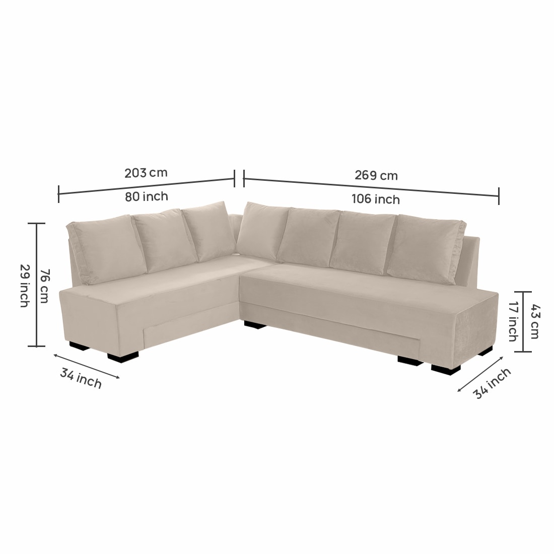 Melo 3 Seater Left Sectional Velvet Sofa Cum Bed in Cream colour