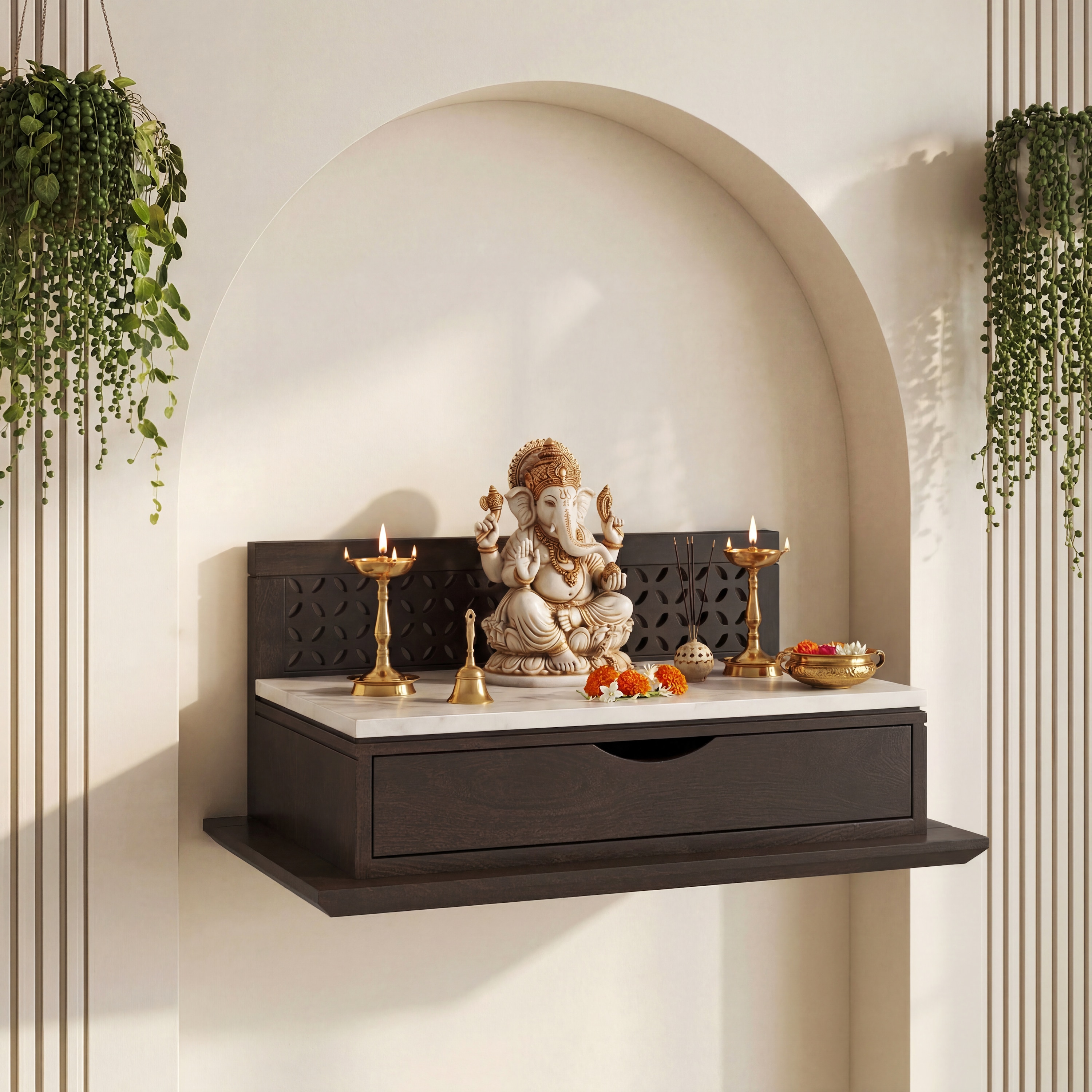 Devoto Solid Wood Wall Mounted Prayer Unit In Dark Chestnut Finish