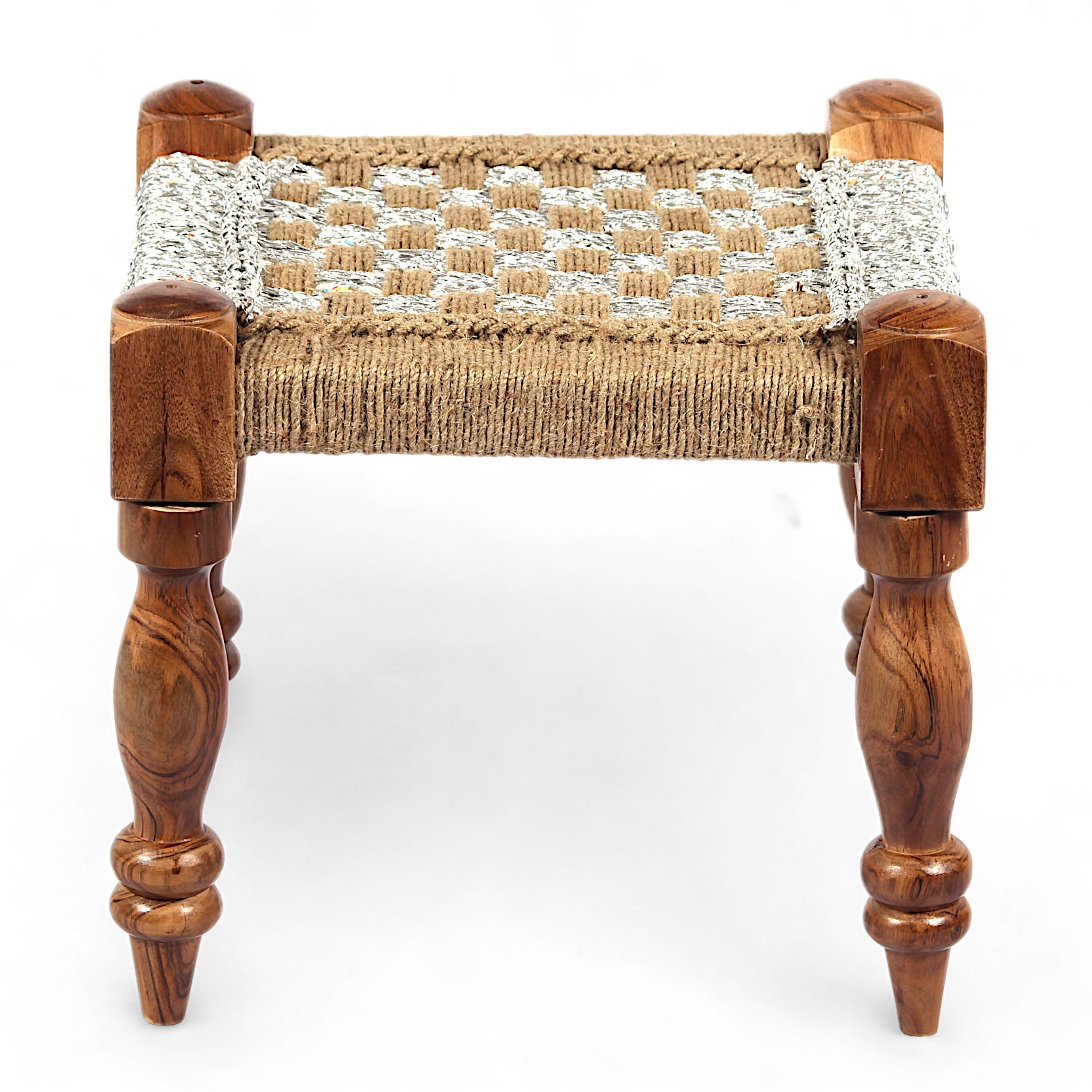 Riaza Sheesham Wood Maachi Stool in Natural Jute & Silver Rope Canning