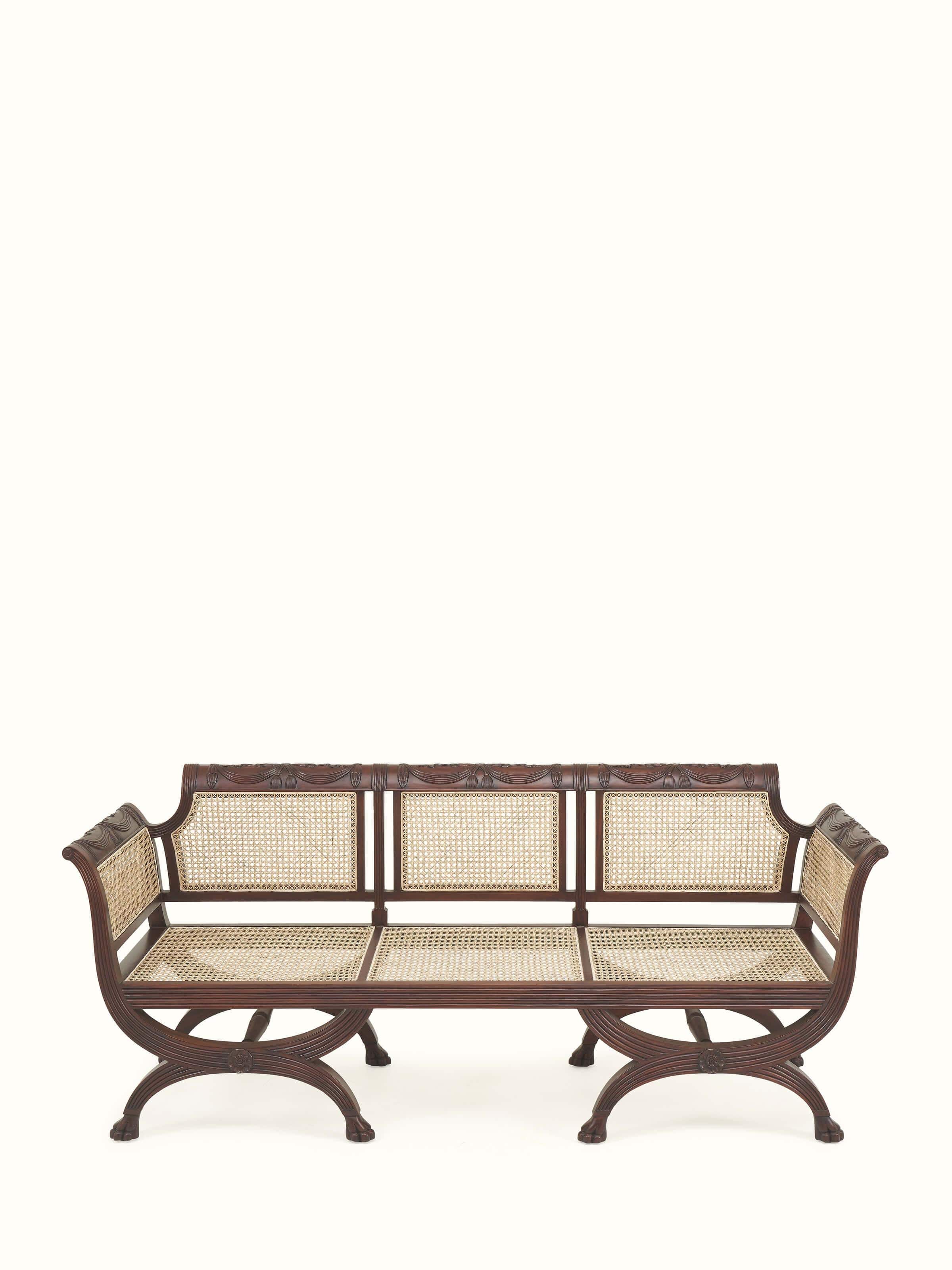 Front view of Sheesham wood and cane lounge chair – handcrafted Indian seating with natural textures