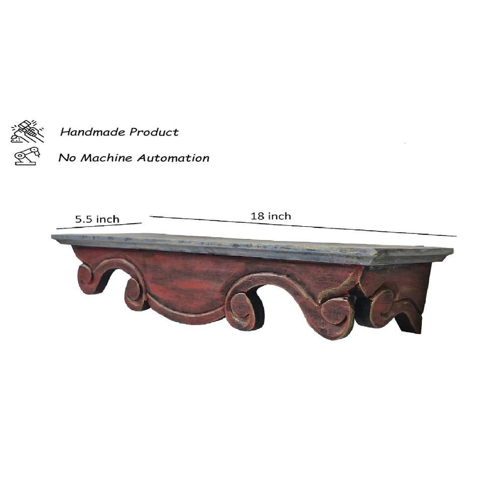 Sayan Red Colour Solid Wood Handcarved Floating Wall shelf