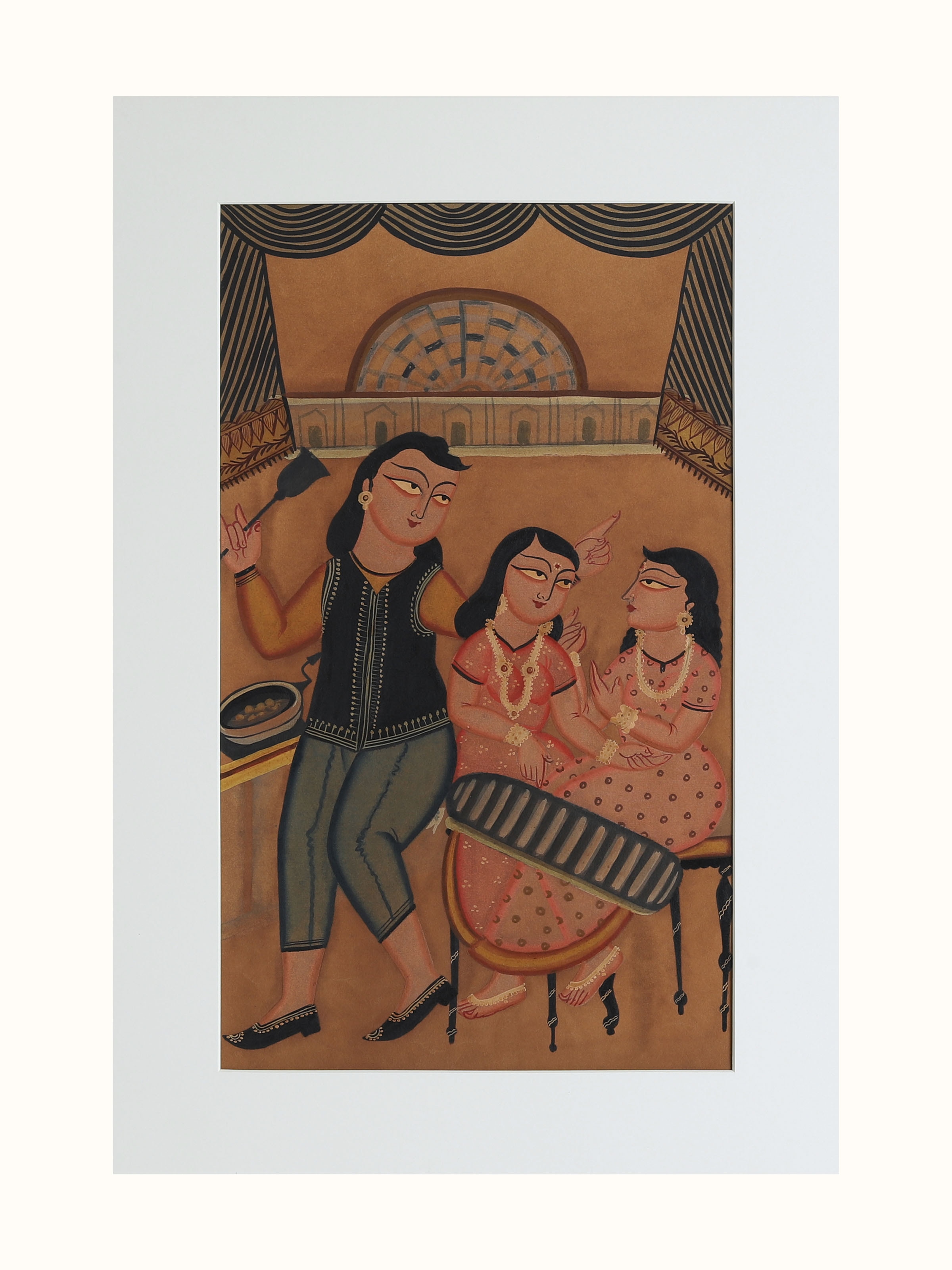 Adda scene Kalighat painting in classic Bengali folk art style – front view