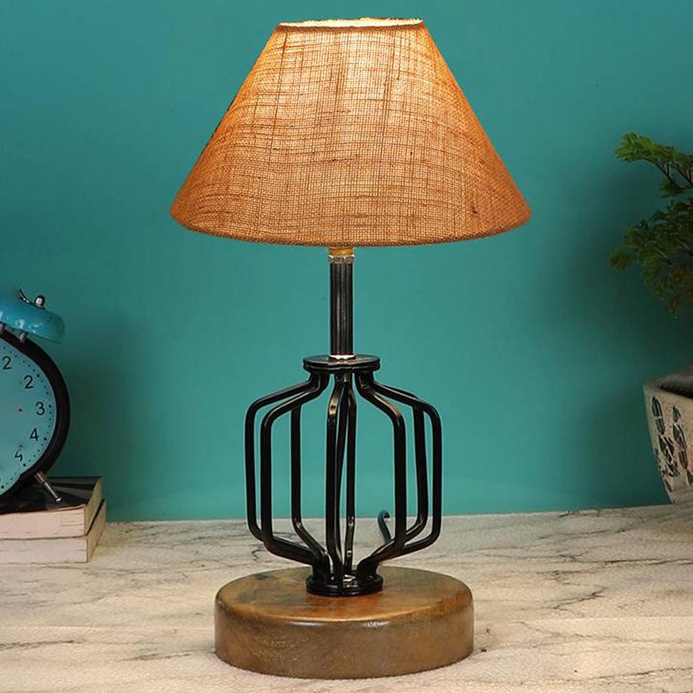 Laura Beige Jute Table lamp with Wood & Iron Base - Devansh