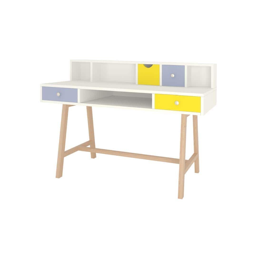 Samara Solid Wood Large 2 Level Study Desk with Drawers Shelves and Tapered Frame in Davy Grey Sunshine Yellow Colour