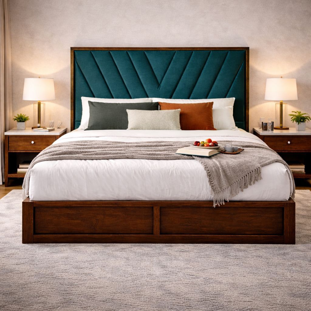Zyra Solid Wood Queen  Size Upholstered Bed With Hydraulic Storage (Provincial Teak Finish, Teal Colour) - Globally Indian