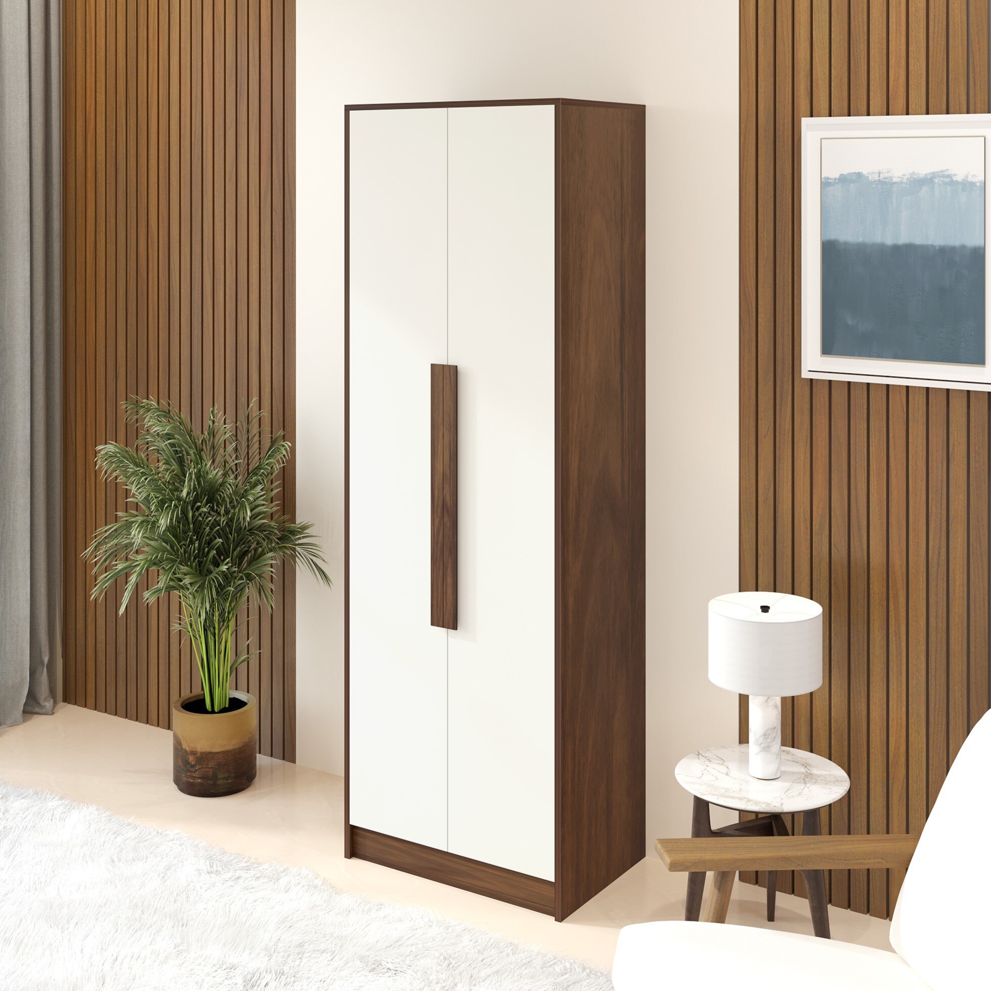 BLUEWUD Maltein Mini Engineered Wood 2 Door Wardrobe/Clothes Storage Rack Organizer Almirah Cupboard with Shelves for Bedroom Home Furniture (Brown Maple & White, 60 X 40 X 180 CM)