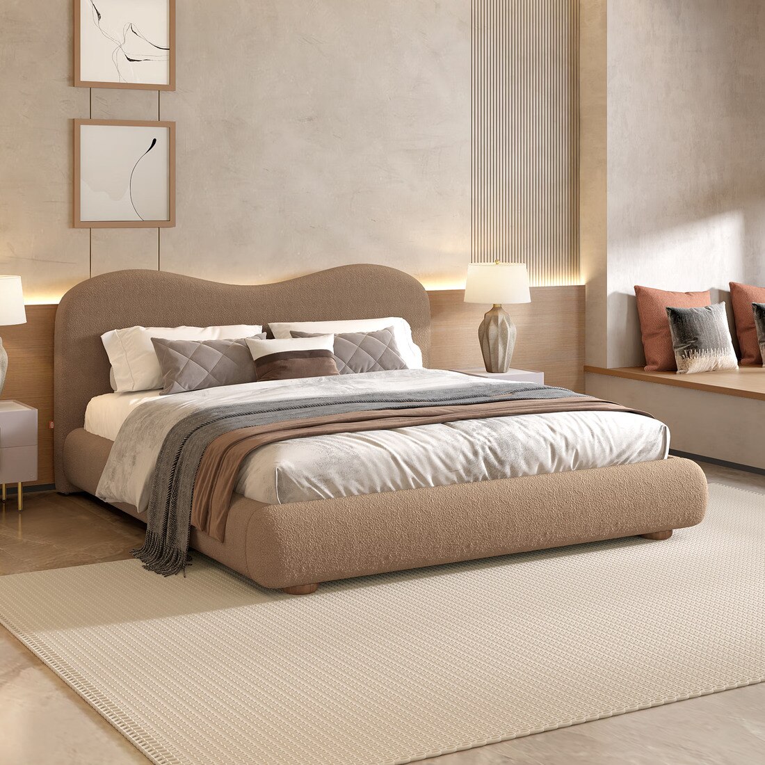 Ripple Fabric King  Size Bed With Hydraulic Storage (Coffee Oak Brown Finish, Tuscan Almond Colour)