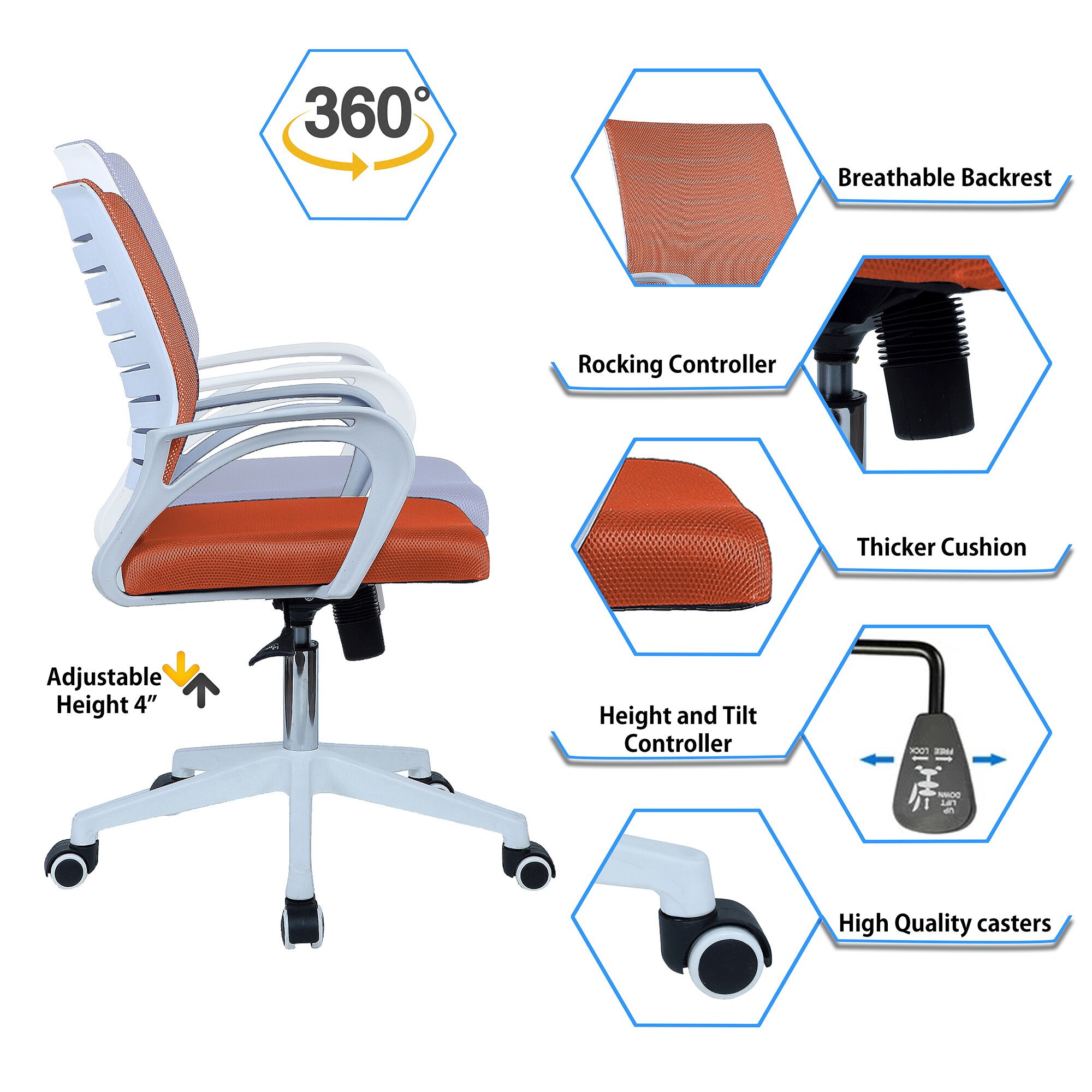 Mmarveal Mid Back Ergonomic Chair in Orange Colour