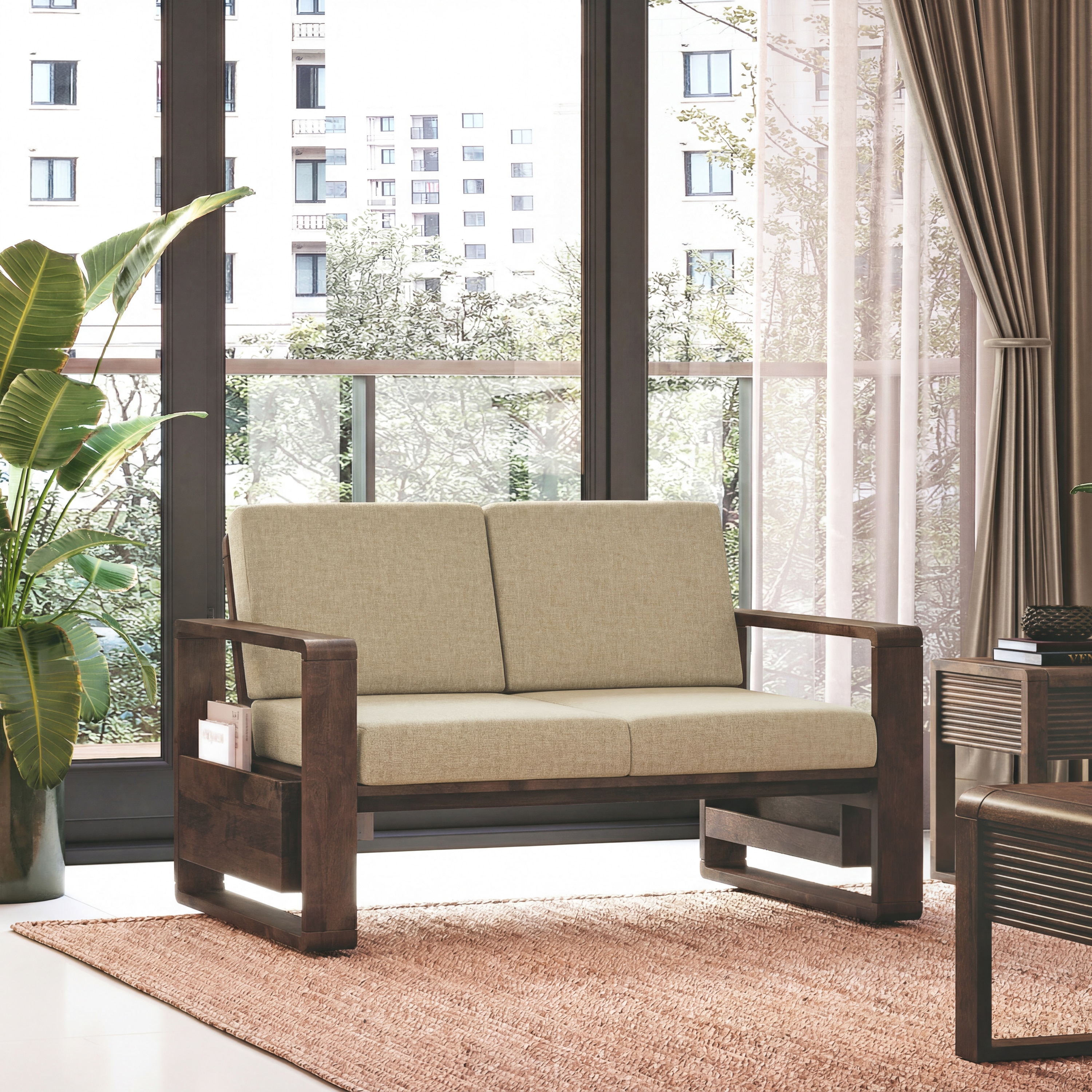 Moreno 2 Seater Solid Wood Sofa in Danish Walnut Finish and Almond Beige Fabric - Urban Ladder