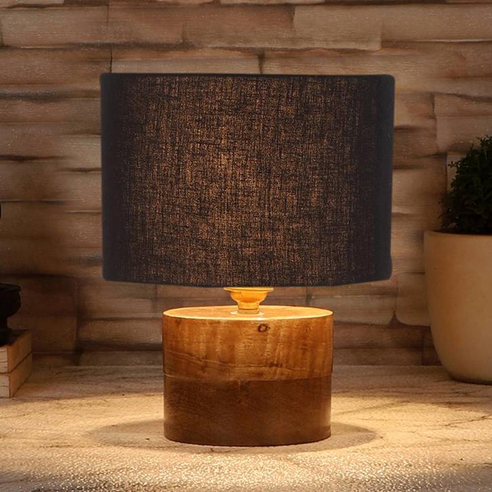 Conroy Black cotton table lamp with Natural Wood Base