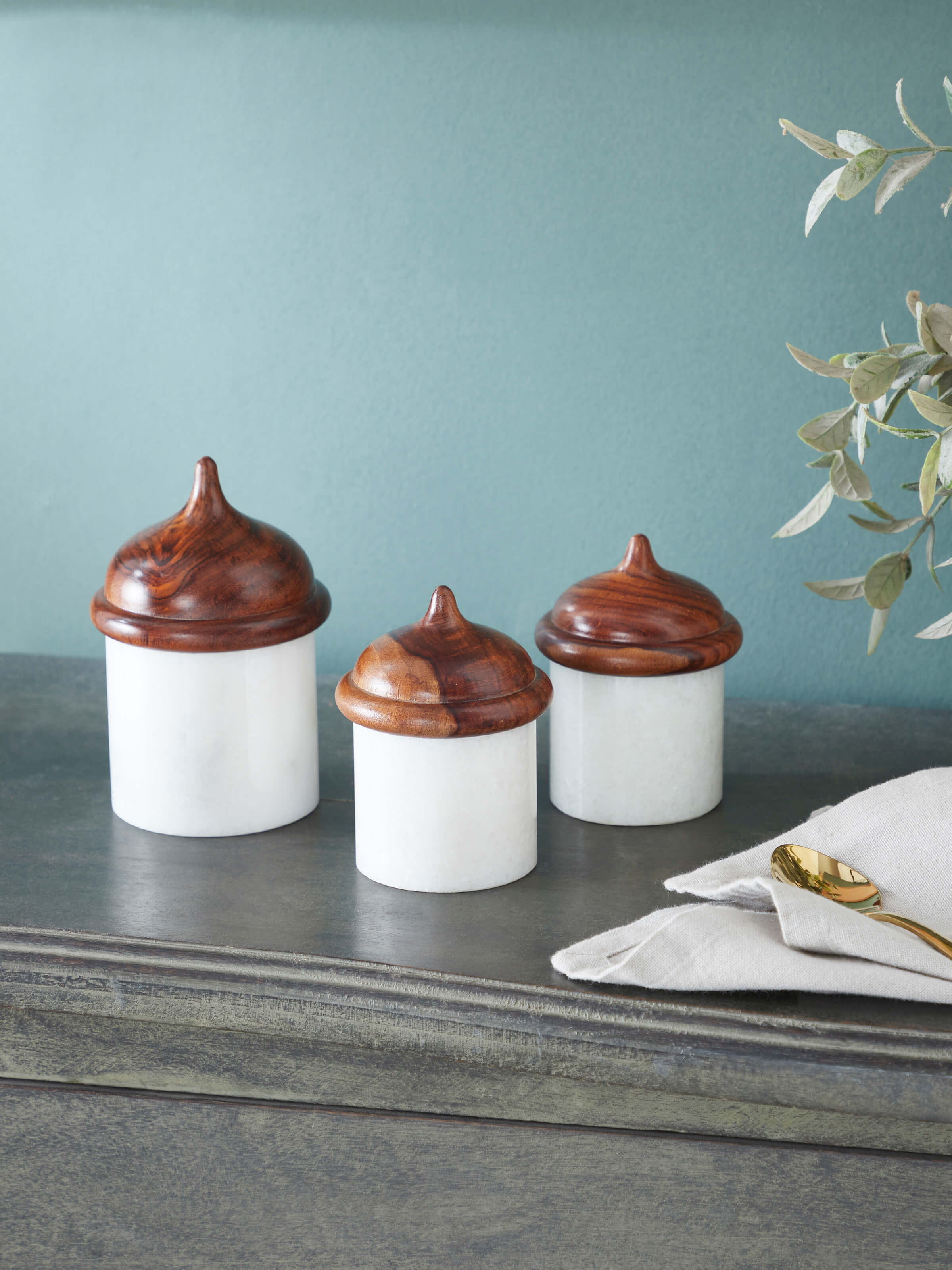 Lifestyle view of White Pavilion Marble Carving Condiment Set