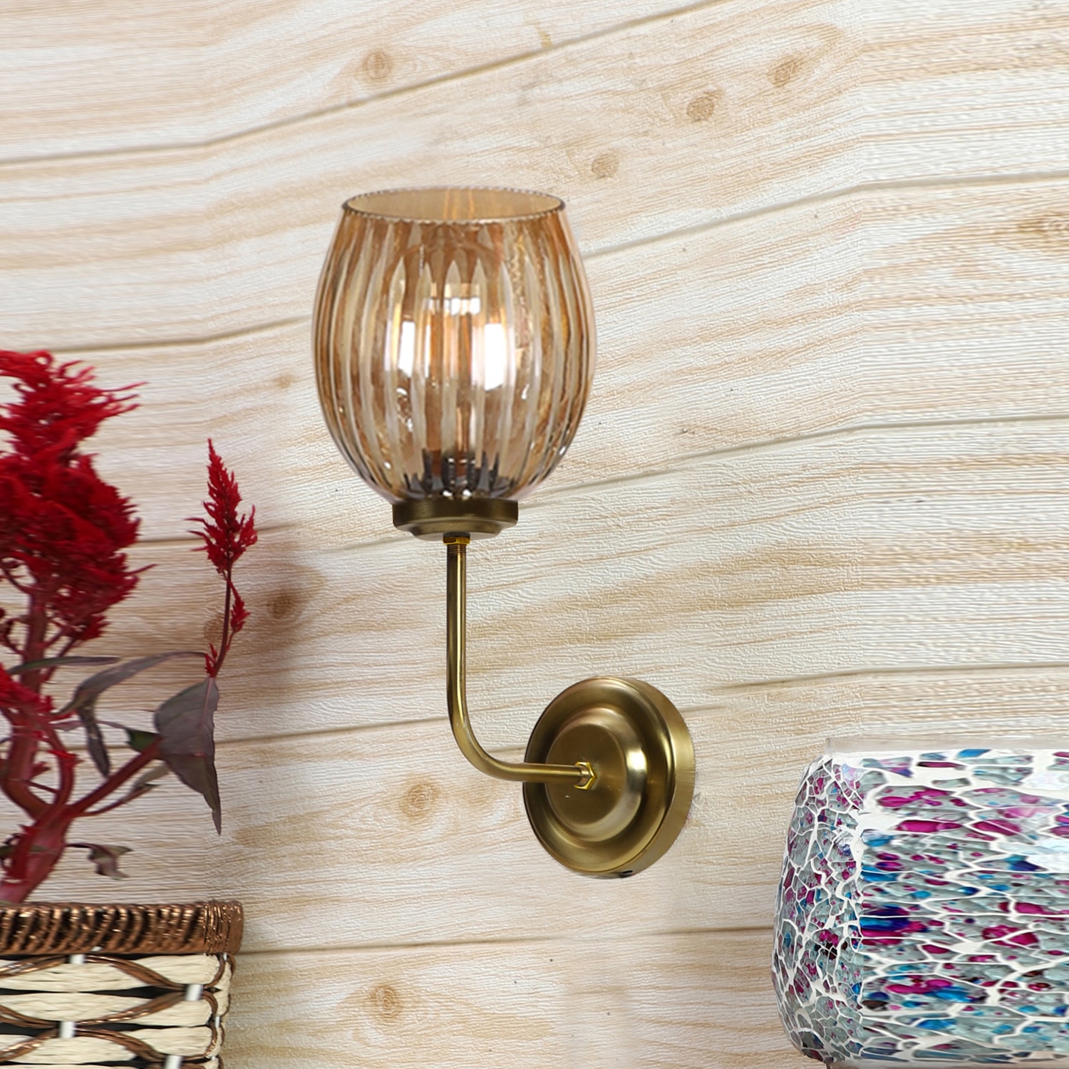 Devansh Metal Electric Wall Light in gold Colour with Lavender Shade Count of 1 Light