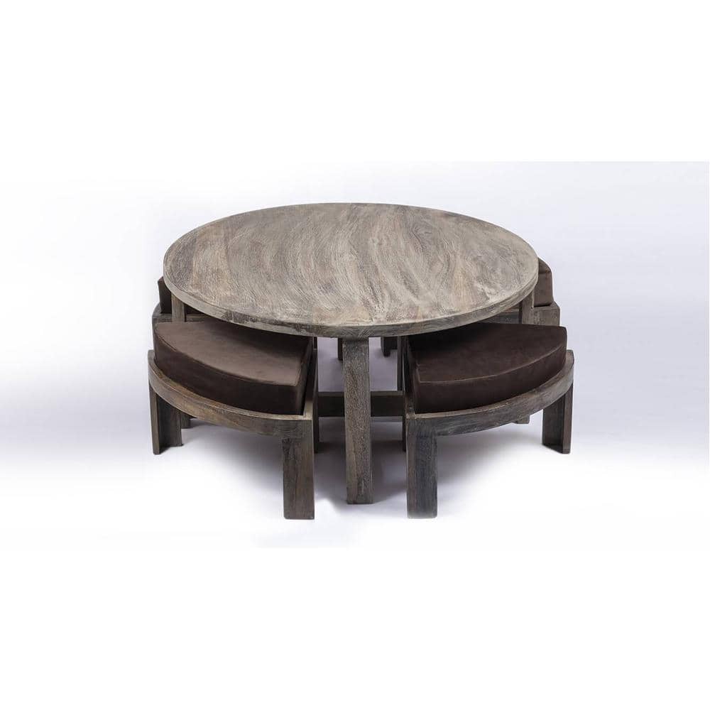 Nashville Sheesham Wood 4 Seater Coffee Table Set In Antique Grey Finish Grey Velvet Cushion