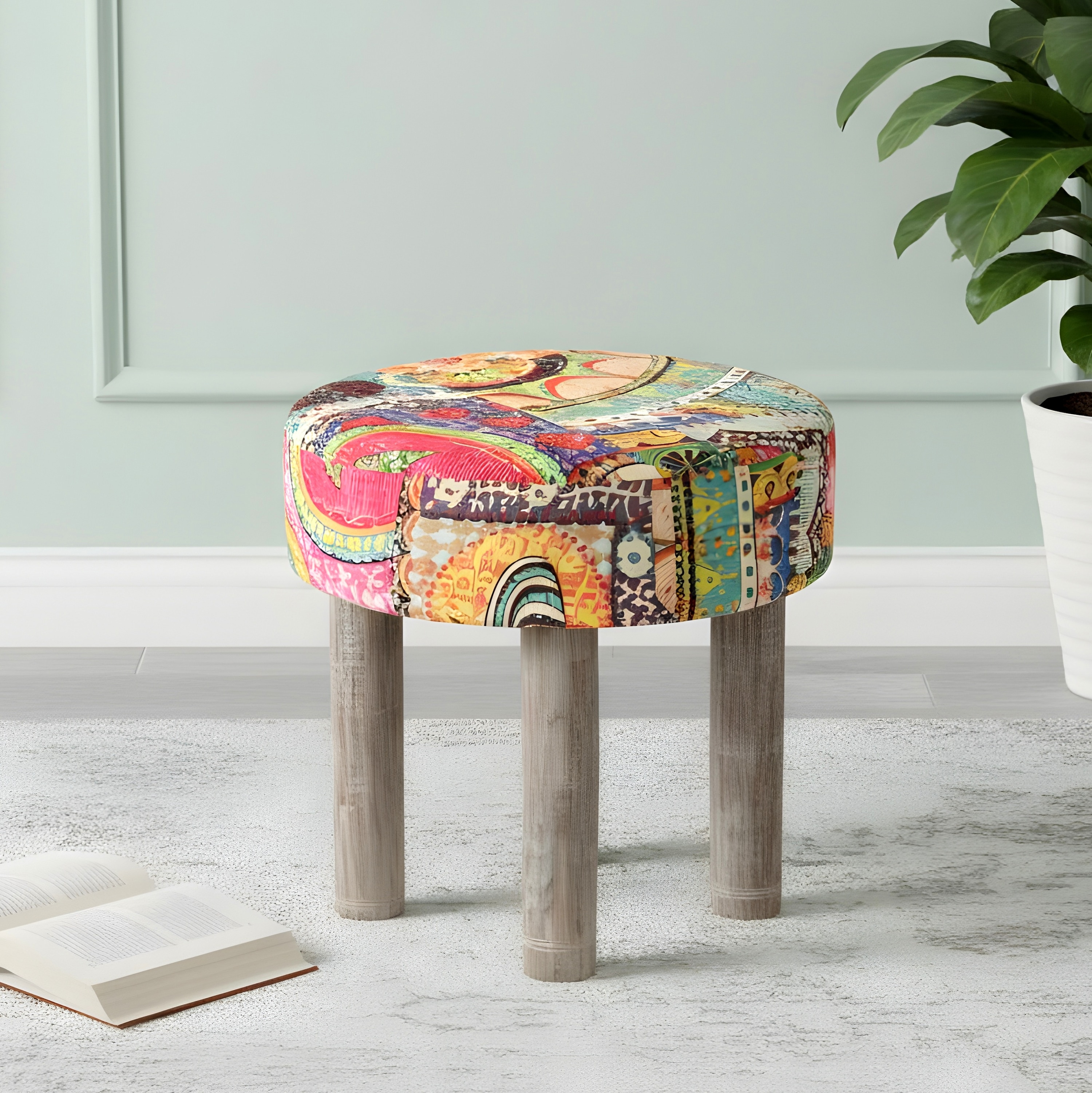 Kingsville Solid Wood Stool in Multi Colour Israel Print Kantha fabric